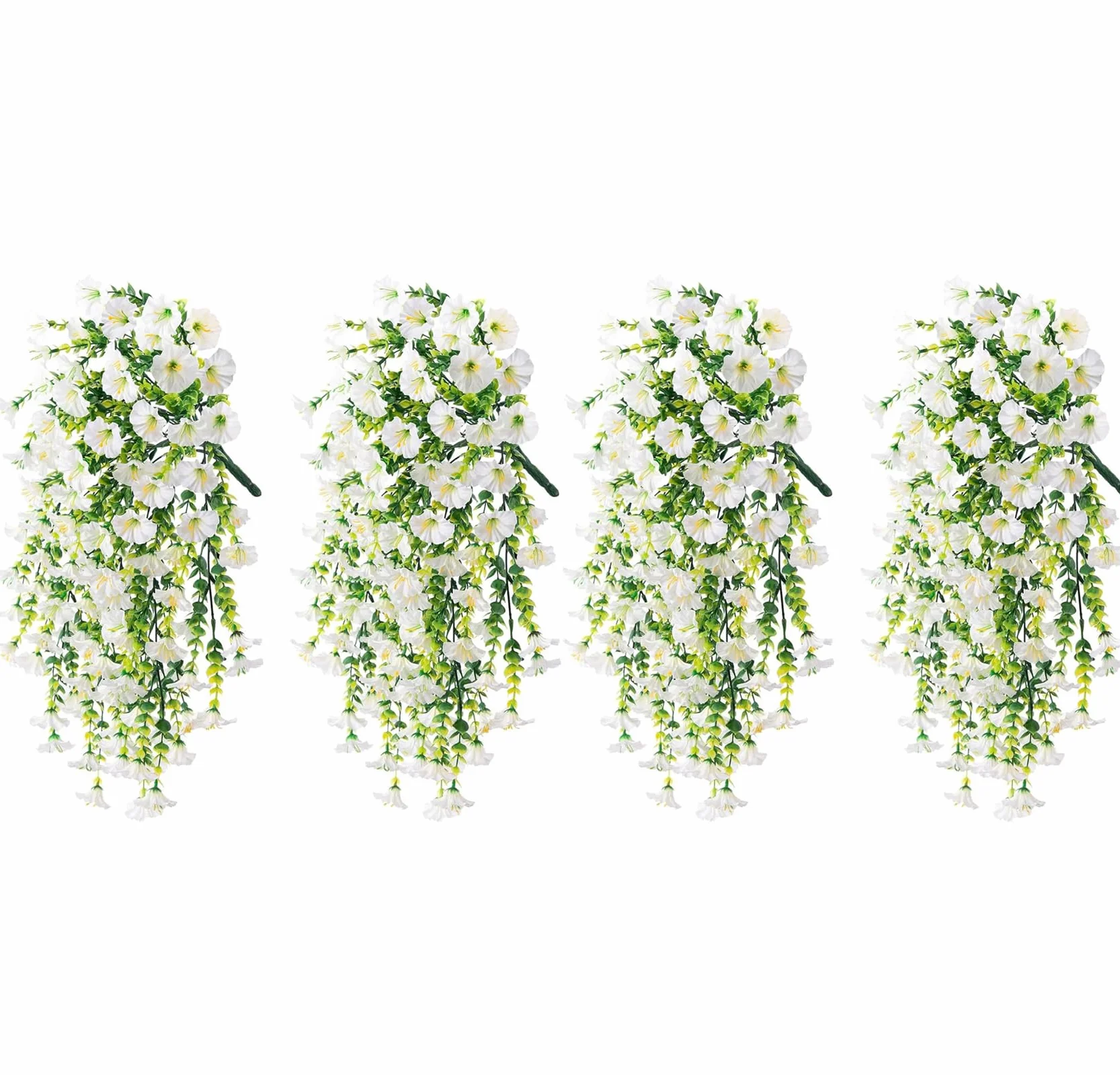 2/4 Pack Artificial Flowers for Outdoors, Artificial Hanging Flowers for Outdoors, Hanging Artificial Flowers for Outdoors, UV Resistant Hanging Artificial Morning Glory Vine (White,4Pcs)