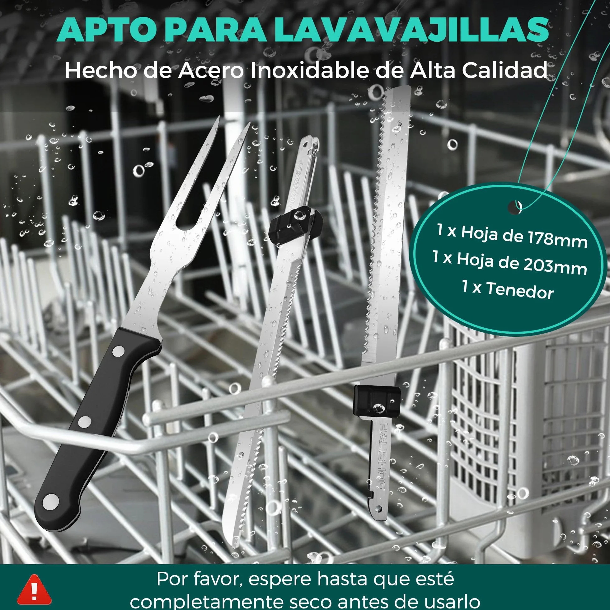 HAUSHOF Cuchillo Eléctrico 8V - Cuchillo de Cocina Inalámbrico, 2 Hojas de Acero Inoxidable, Tenedor Incluido, Apto para Lavavajillas, con Caja de Almacenamiento, Ideal para Carne, Pan, Jamón y Queso