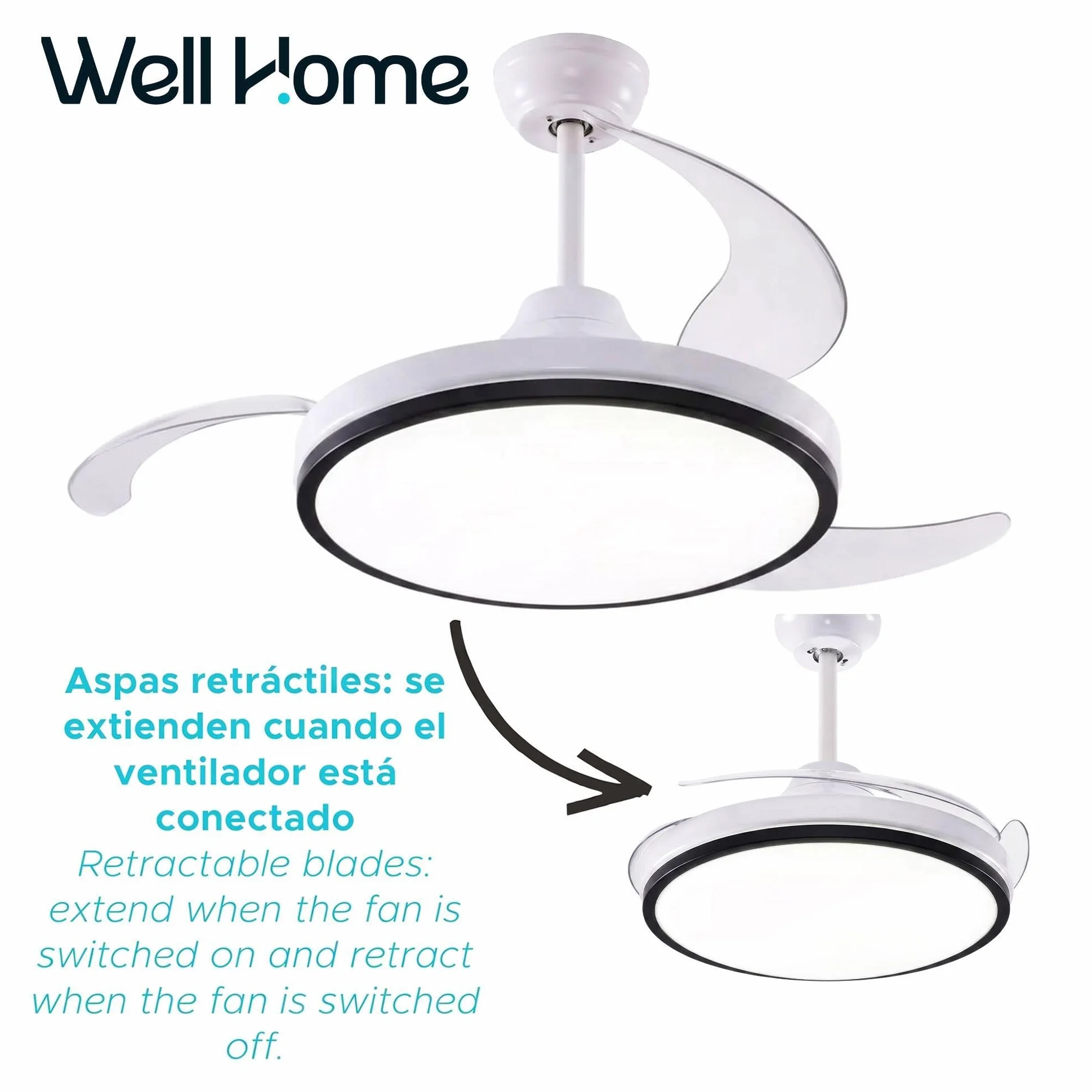Well Home 2x Ventilador de Techo con Luz LED Ø53x30cm - Aspas retráctiles, Silencioso, 6 Velocidades, Mando a distancia y luz regulable 3 Tonos