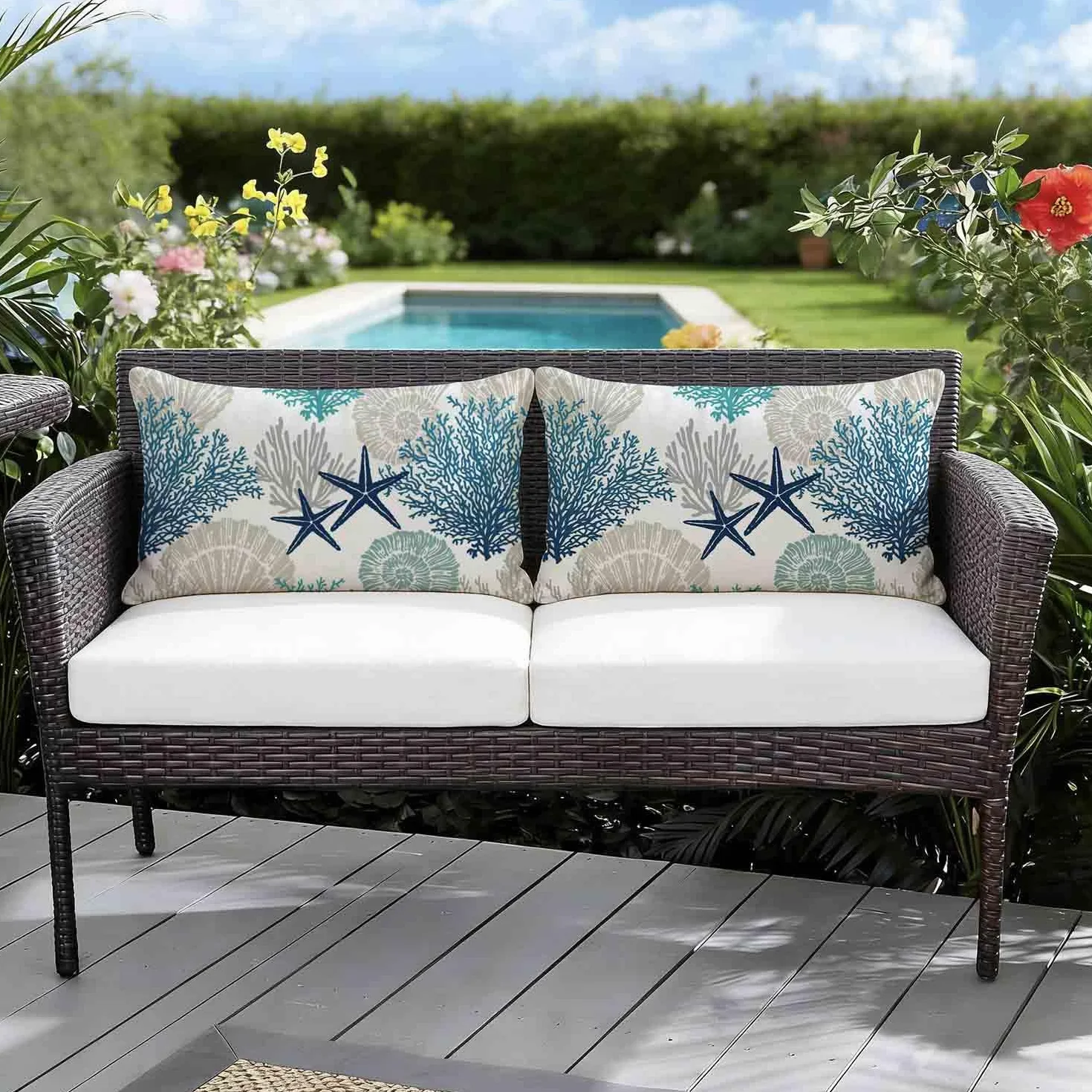 Funda Cojin Impermeable 50x30 cm Estrellas de Mar y Algas Gris Turquesa para Exterior Paquete de 2