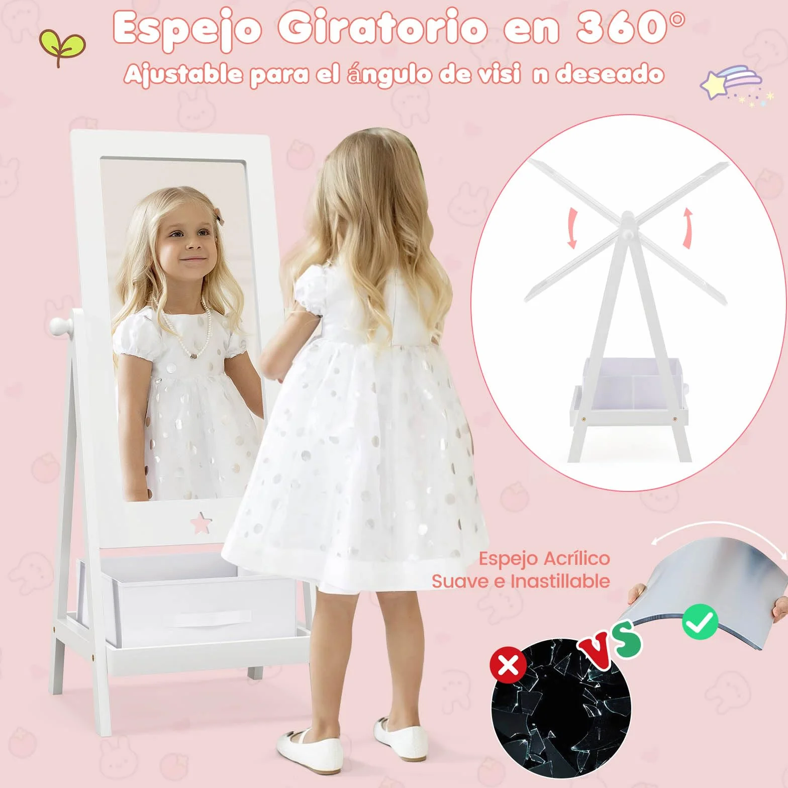 GOPLUS Espejo de Cuerpo Entero para Niños con Ángulo Ajustable, Estante de Almacenamiento y Contenedor de Tela, Pie para Dormitorio Infantil