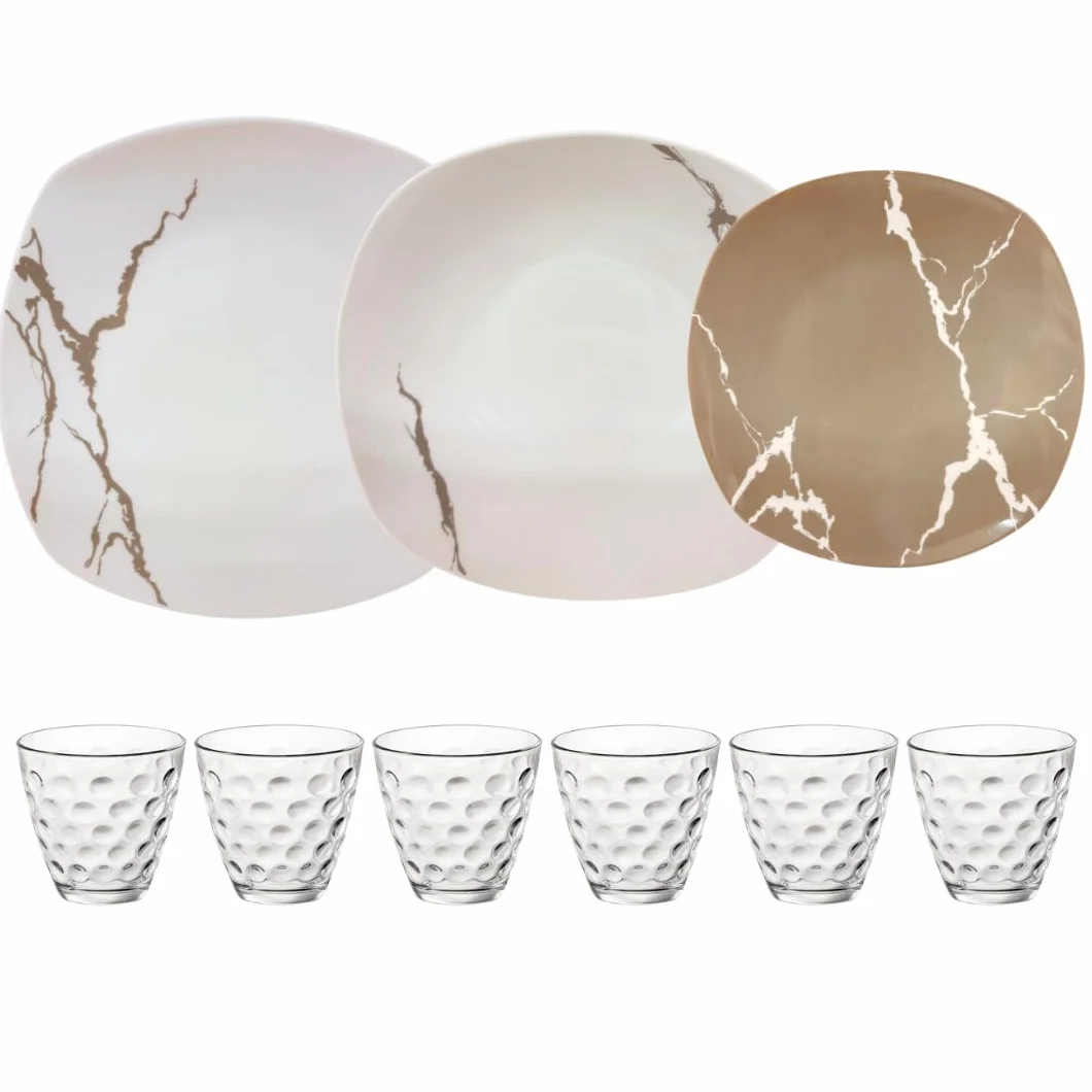 Servicio de platos de 25 piezas para 6 personas con vasos y ensaladera | Resistente porcelana blanca y gris claro diseño moderno mármol elegante refinado | Uso diario, lavable en lavavajillas