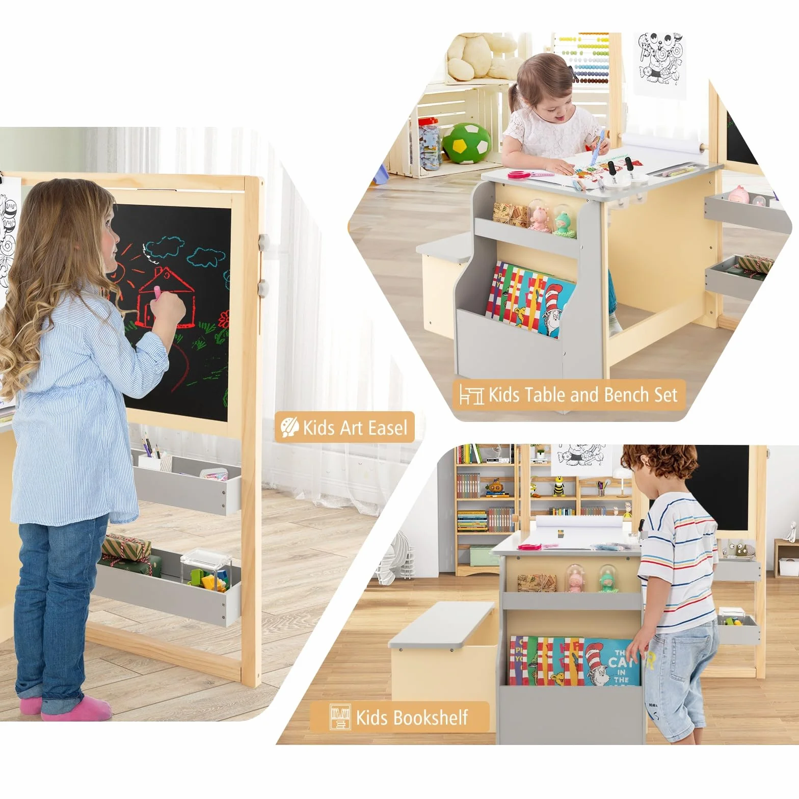 LIFEZEAL Mesa Infantil con Banco, Juego de Caballete con Pizarra de Doble Cara, Conjunto de Mesa y Silla para niños de 3+ años, Estante para Juguetes y Libros, Rollo de Papel y rotulador (Gris)