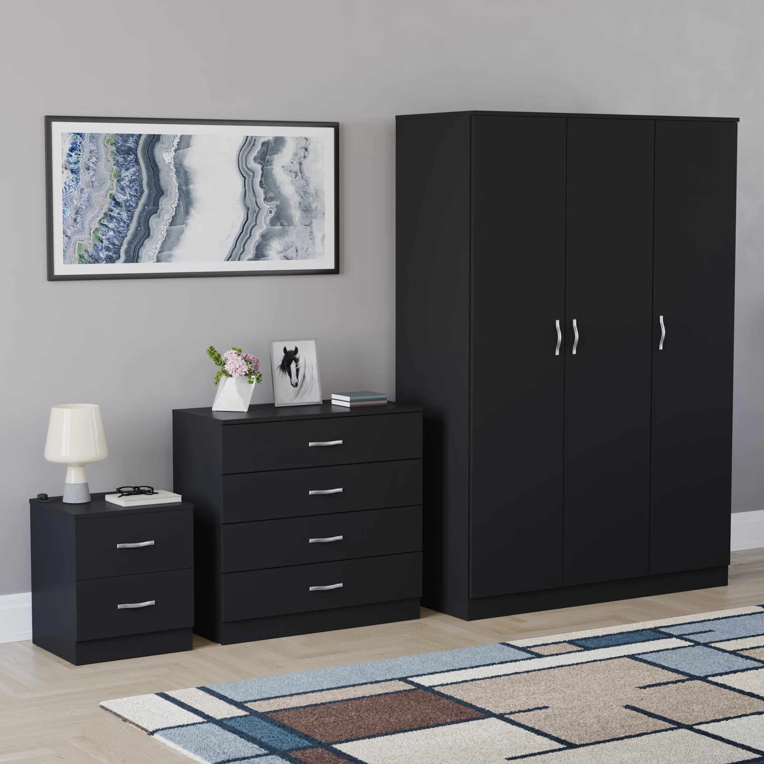 Vida Designs Riano - Juego de dormitorio de 3 piezas (mesita de noche de 2 cajones, cómoda de 4 cajones, armario de 3 puertas), color negro (5)