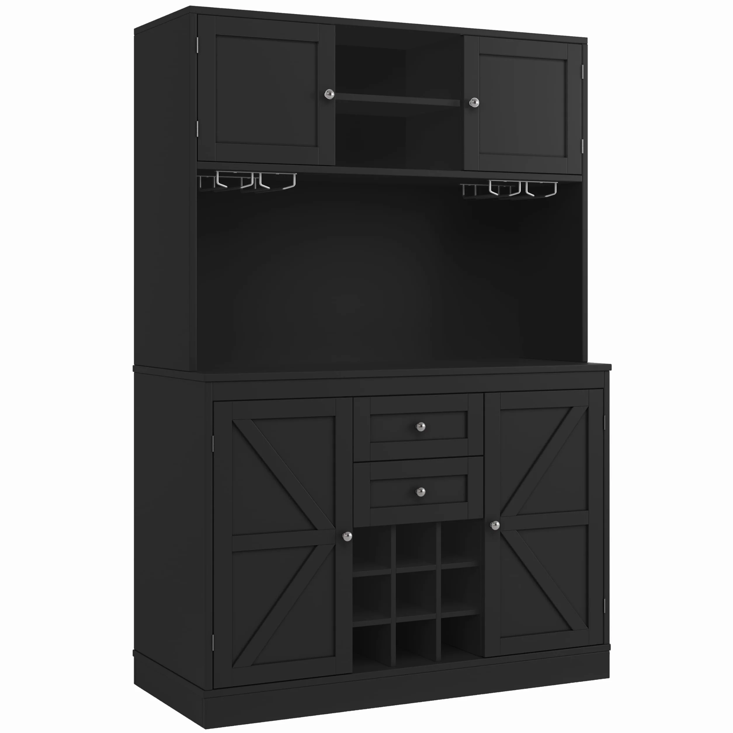 Armario alto de cocina de 188 cm con estantes ajustables, estantería para vino, armario alto de cocina buffet con 4 puertas, 2 cajones, aparador para cocina y salón, armario buffet (negro)