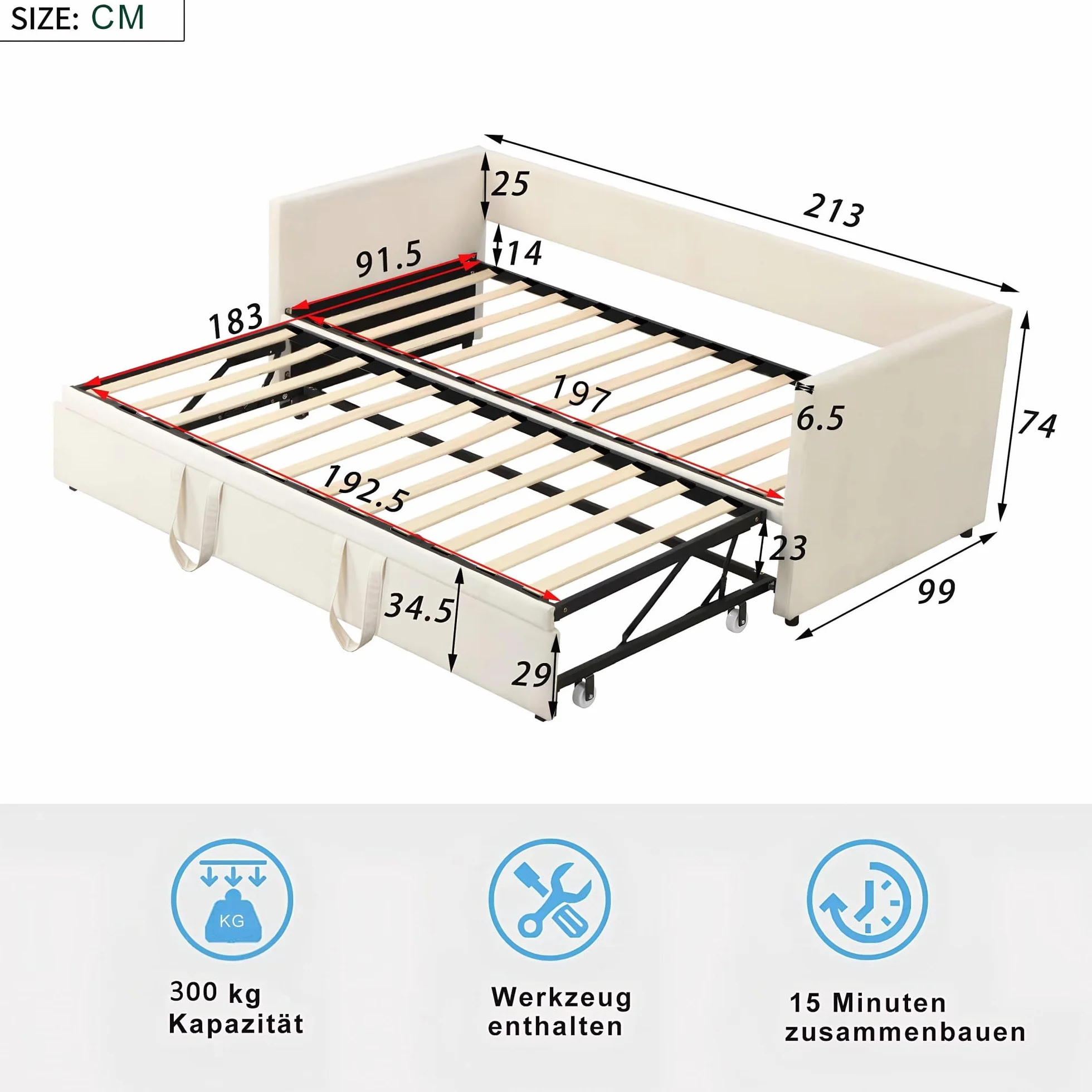 Sofá Cama de Matrimonio,Sofá Cama Extensible 90/180x200cm Sofa Cama Nido Doble Sofa Cama de 2 Plazas Camas de Día Extensible Sofas Camas Multifuncional,Sin Colchón (Beige, 90/180x200cm)