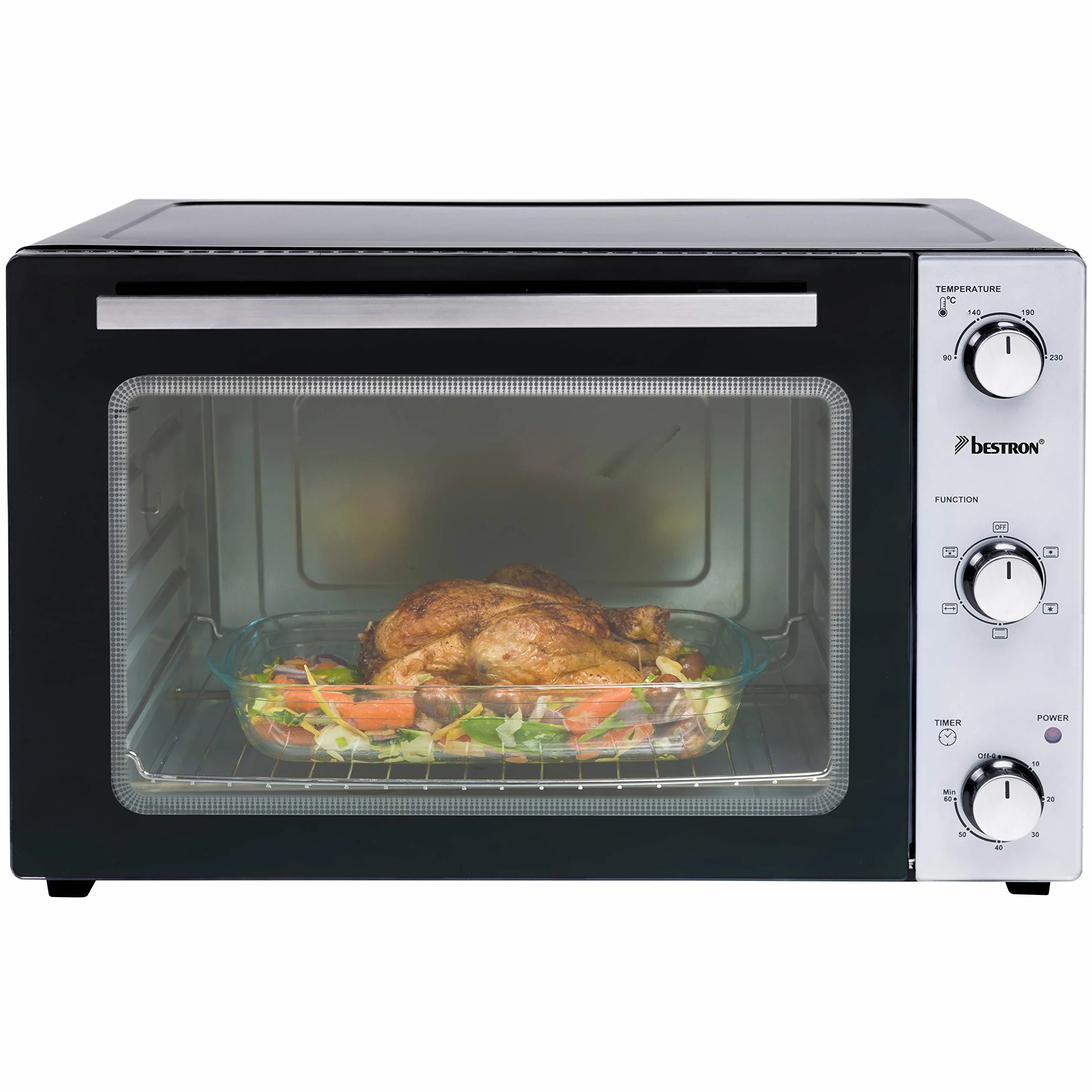 Bestron Mini Horno 2 en 1 con Pincho Giratorio, 45 Litros, 1800 W, Acero inoxidable, Negro