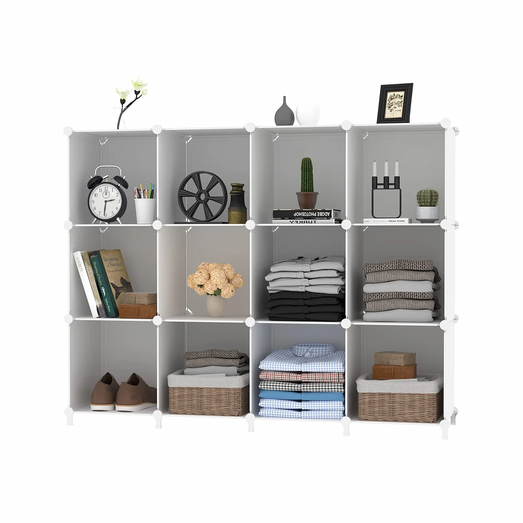 AWTATOS Organizador de almacenamiento modular de 12 cubos de plástico con estantería y mazo de madera