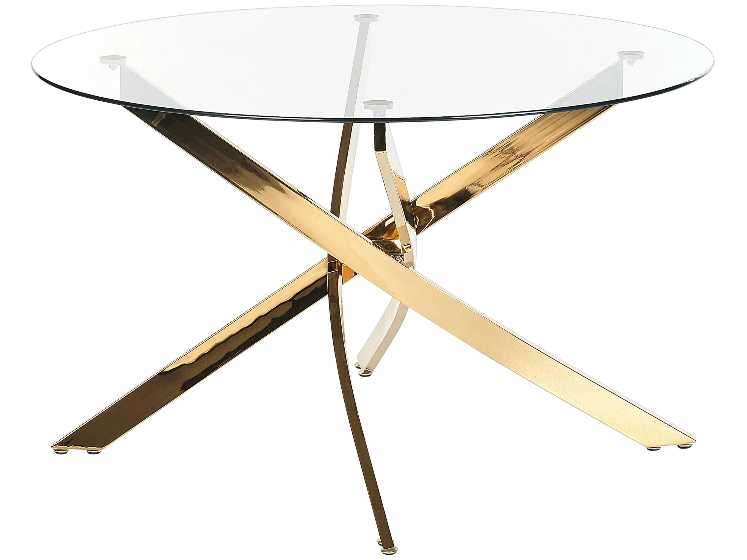 Beliani Mesa de Comedor Redonda Glamour ⌀120 cm Tablero de Vidrio Templado Patas Doradas Maramo