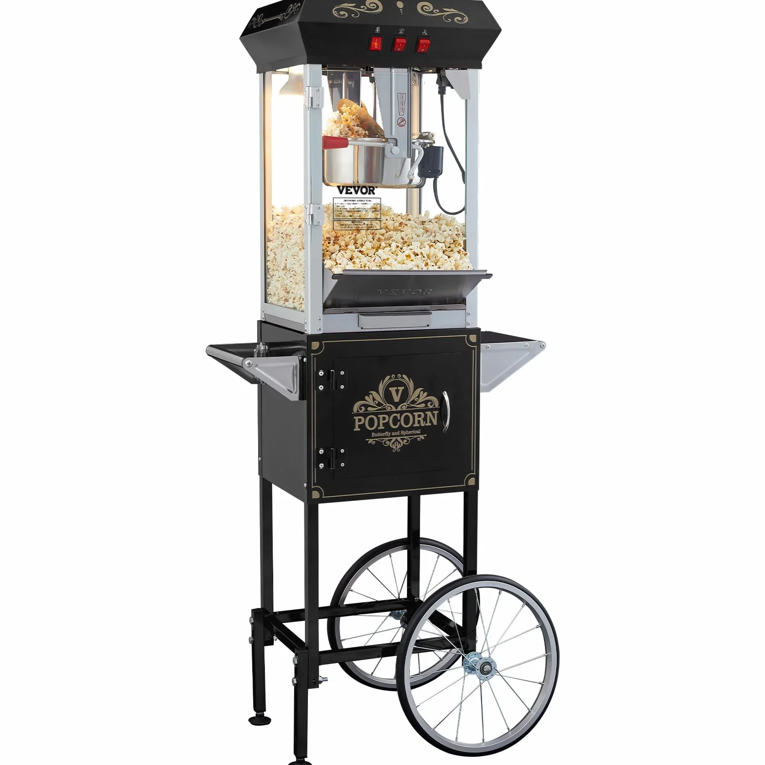 VEVOR Máquina para Hacer Palomitas de Maíz con Carrito, 850 W, 8 oz, 48 Tazas, Vidrio Templado, Negro