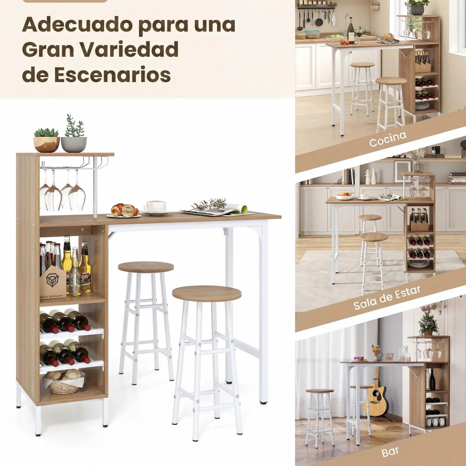 COSTWAY Juego de 3 Piezas Mesa y Sillas de Bar, Mesa y Taburetes Industriales con Soportes para Copas de Vino y Estantes para 6 Botellas de Vino, Juego de Mesa para Comedor Cocina (Natural)