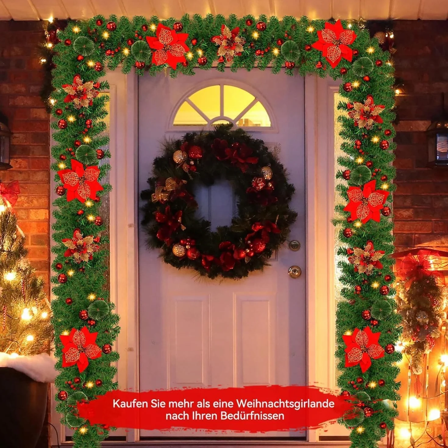SHAVINGFUN Guirnalda de Navidad Con Luces - Flores Artificiales Decoración de 9 ft, Verde para Escaleras y Chimeneas Navideñas