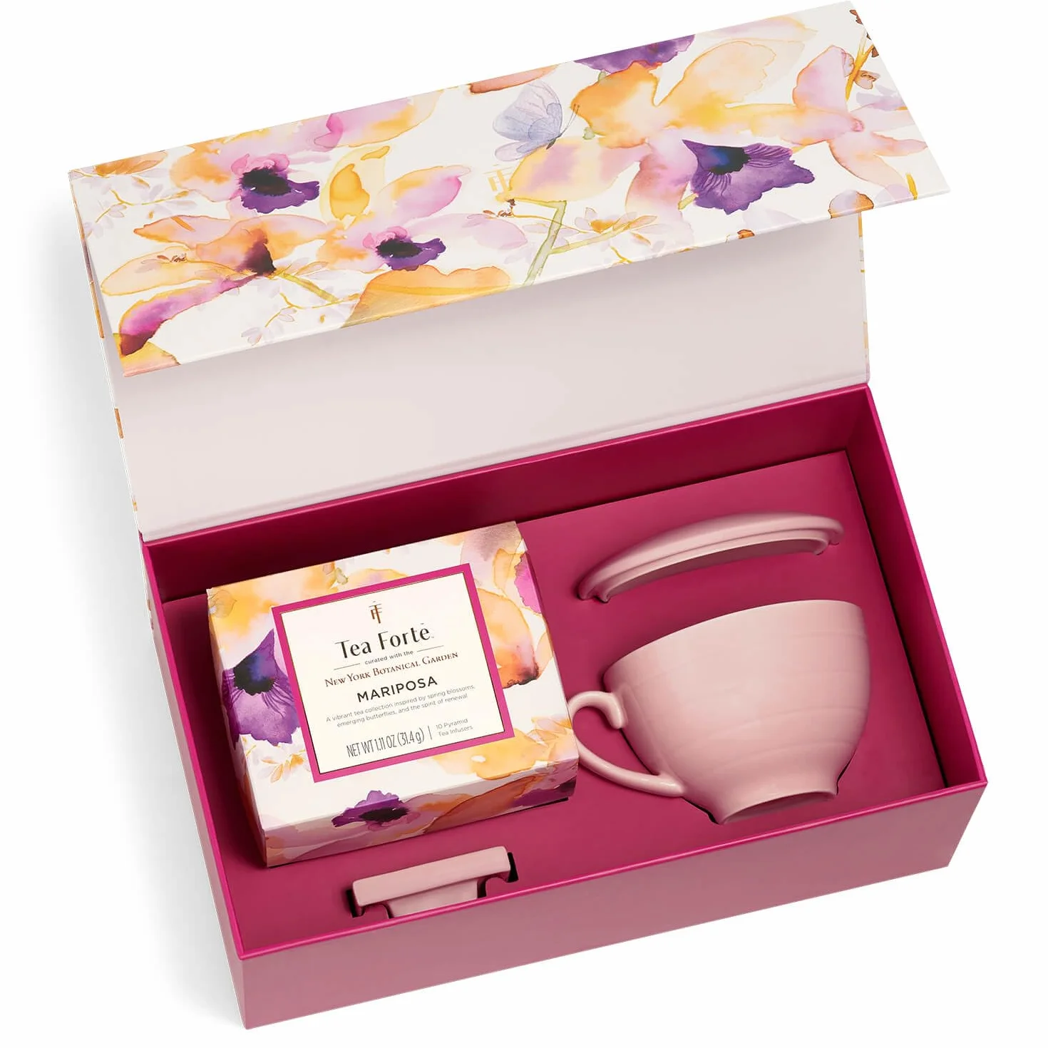 Tea Forte Juego de Té Regalo con Taza, Bandeja y 10 Bolsitas Piramidales Mariposa