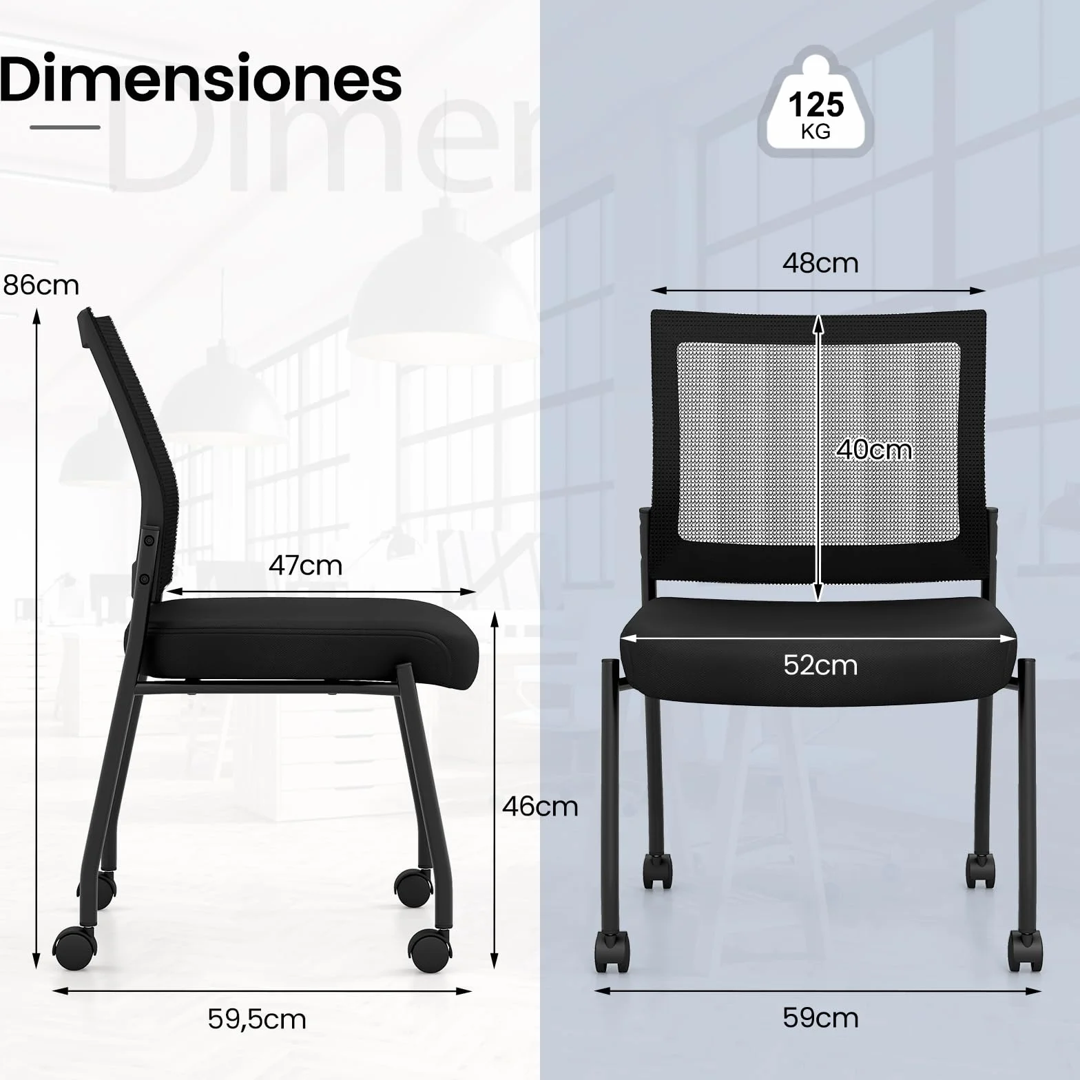 COSTWAY 2 Sillas Sala de Espera sin Brazos, Respaldo de Malla y Asiento Acolchado, Sillas Confidente con Ruedas, Silla Oficina, Carga 125kg, Negro