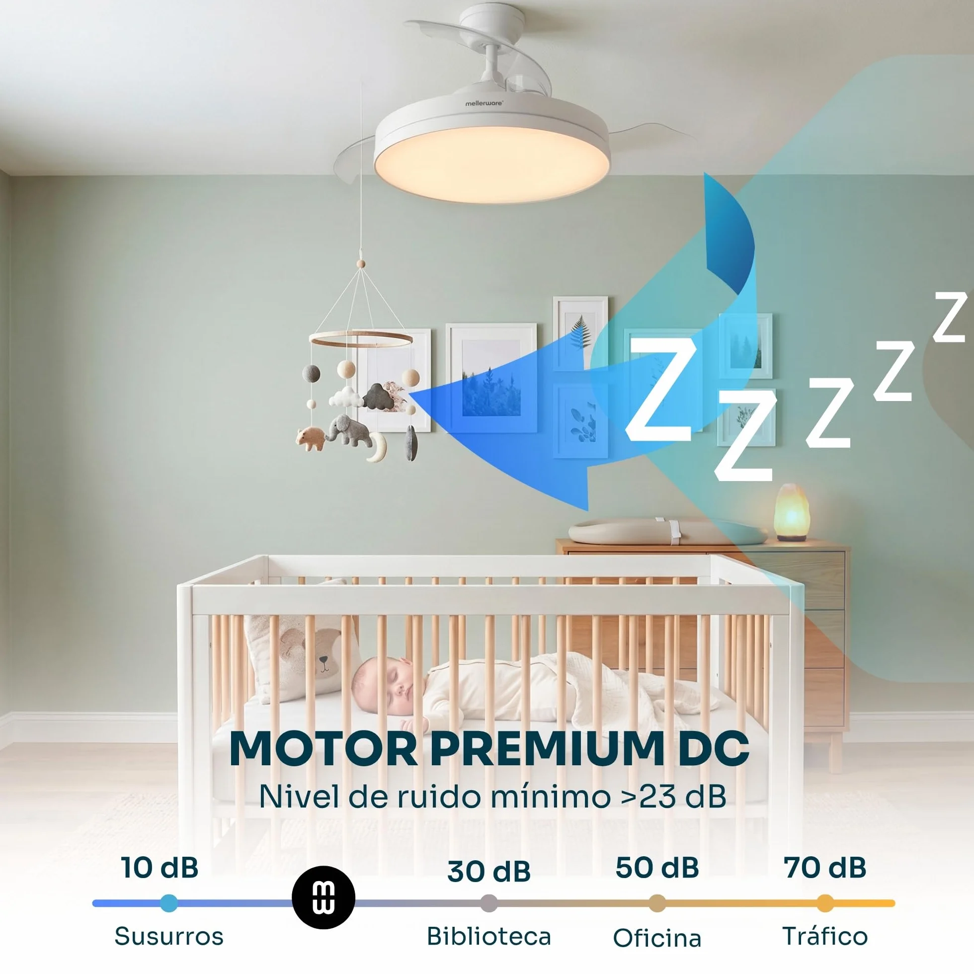 Mellerware - Ventilador de techo retráctil Brizy plegable de 40 W | 6 velocidades | 3 aspas | Ø 106 cm | Motor DC ultra silencioso | Temporizador | Función verano invierno | Luz LED