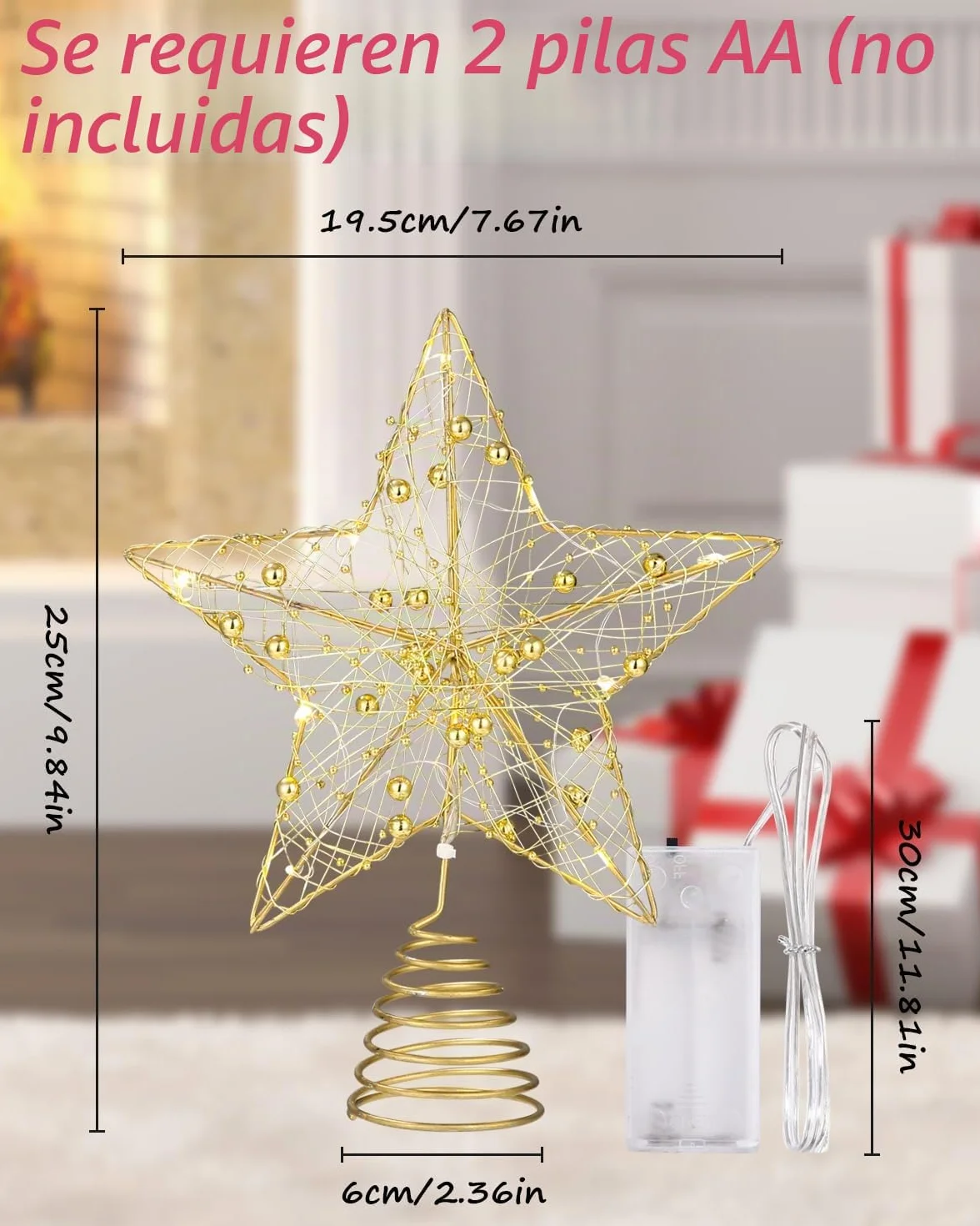Estrella LED de Cinco Puntas para Árbol de Navidad - Decoración Topper de Metal Oro 25cm
