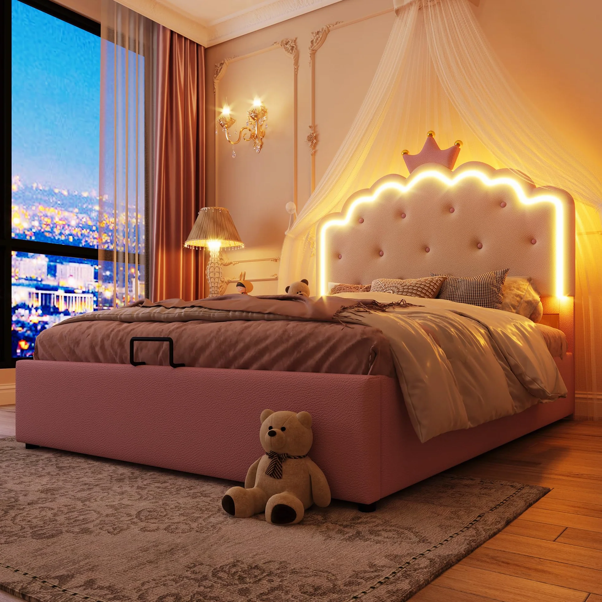 Cama Acolchada 140 x 200 cm,Cama contenedor hidráulico,Cama Individual con luz Ambiental con Mando a Distancia,Forma de Corona de Princesa,Cama con somier,Material PU,para Niños,Rosa