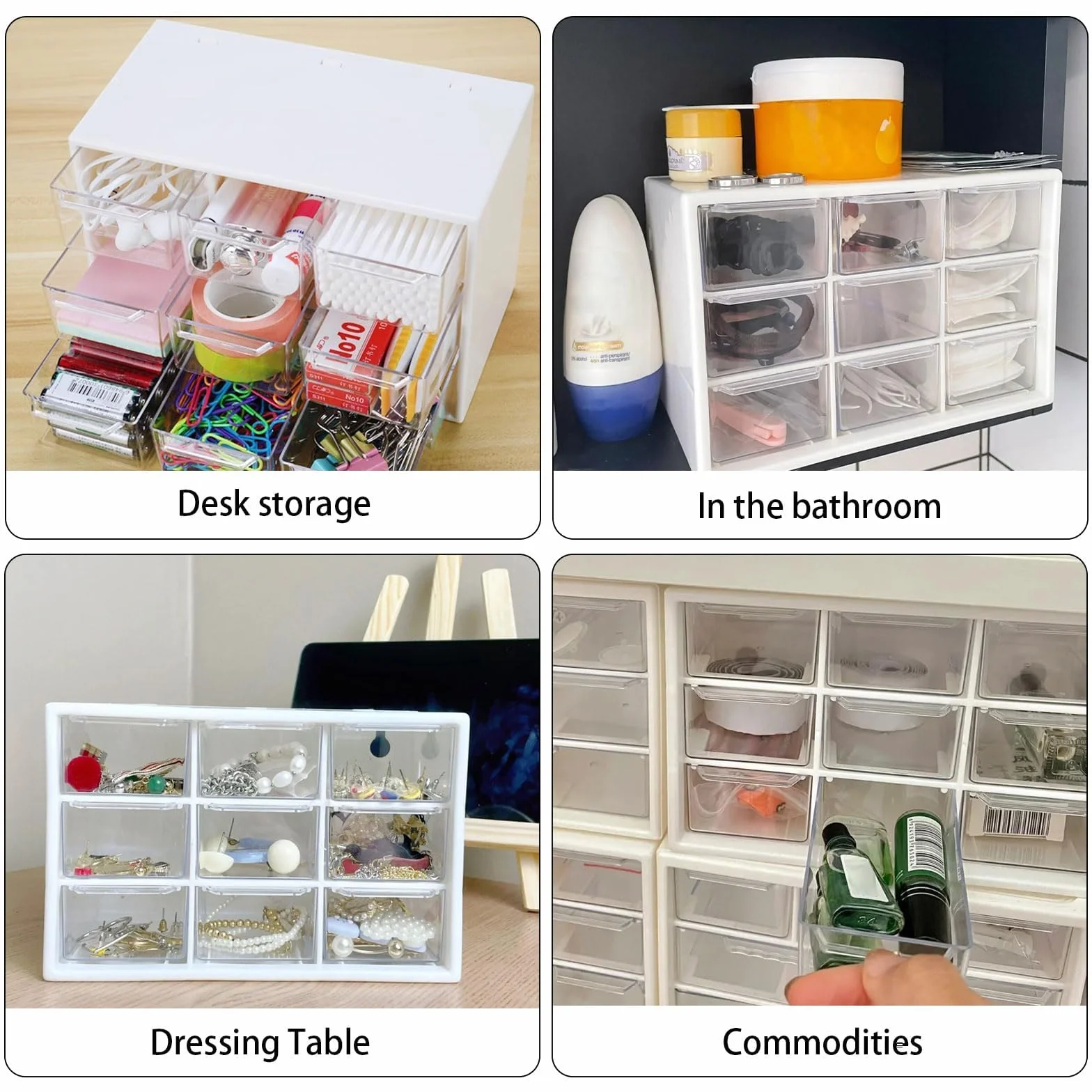 Juego de 2 cajas de almacenamiento para manualidades, cajón y organizador de escritorio con 9 cajones y mini caja extraíble transparente y blanca