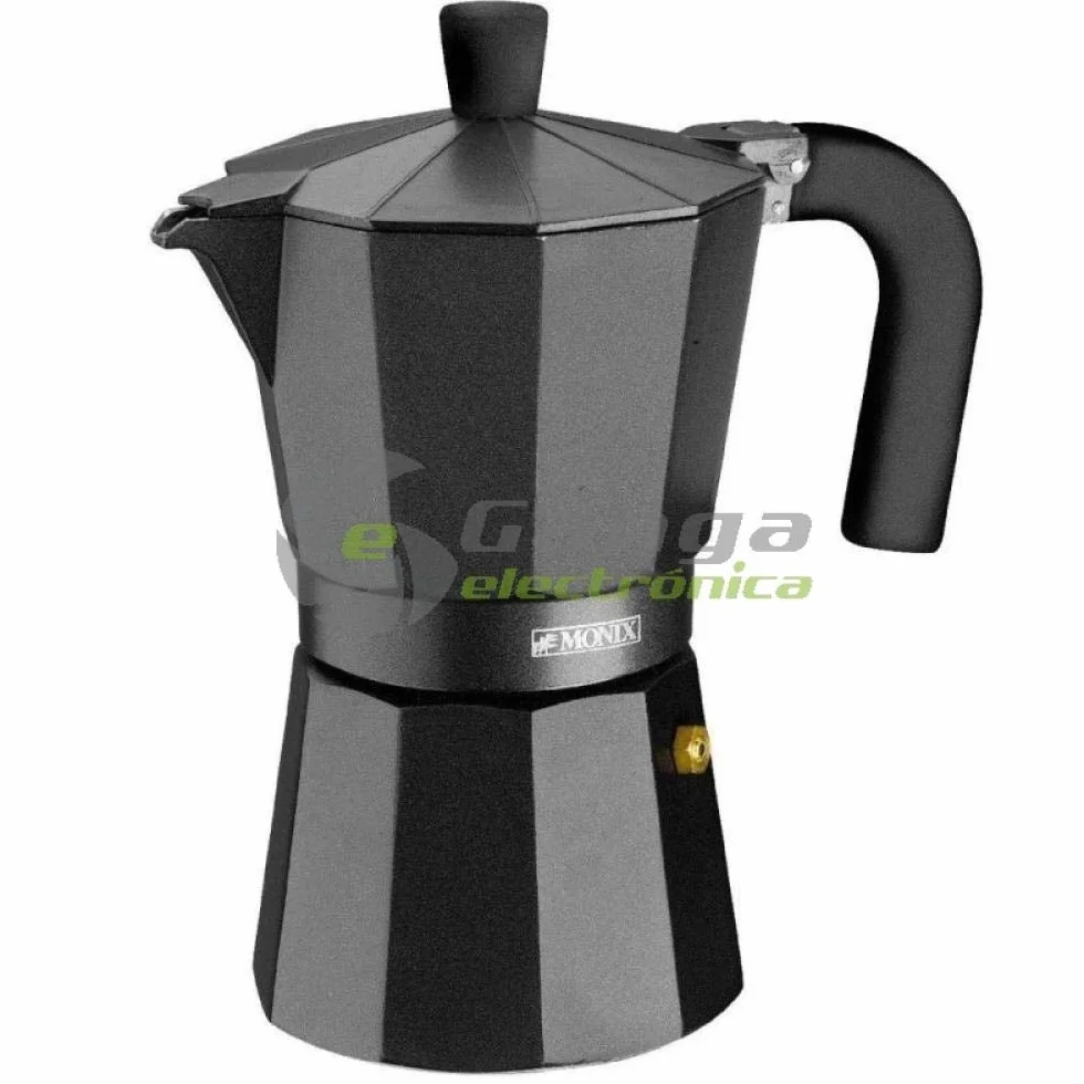 Monix Vitro Noir Cafetera Italiana de Aluminio 3 Tazas Apta Vitrocerámica Gas Eléctrica Mango Termoresistente