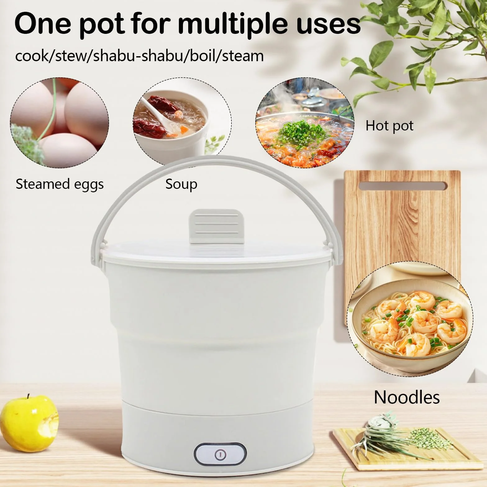 Olla Caliente Eléctrica Plegable 1L Acero Inoxidable con Vaporera para Acampar