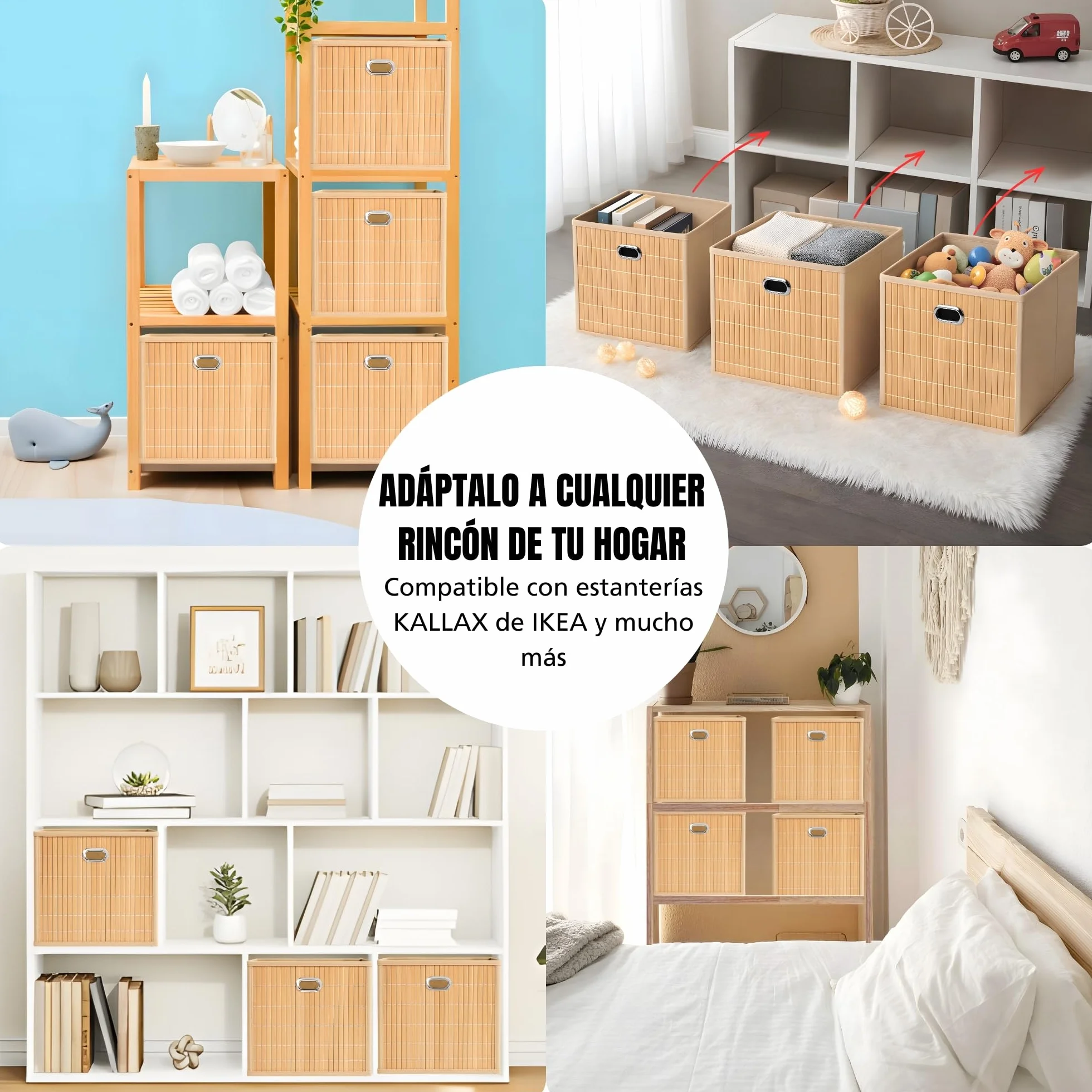 6 Cajas Almacenaje - Cestas Almacenaje - Cajas Organizadoras 31x31x31cm - Cajas Almacenaje Decorativas Hechas En Bamboo Y Tela - Cestas Organizadoras - (BEIGE, 31x31x31 cm)