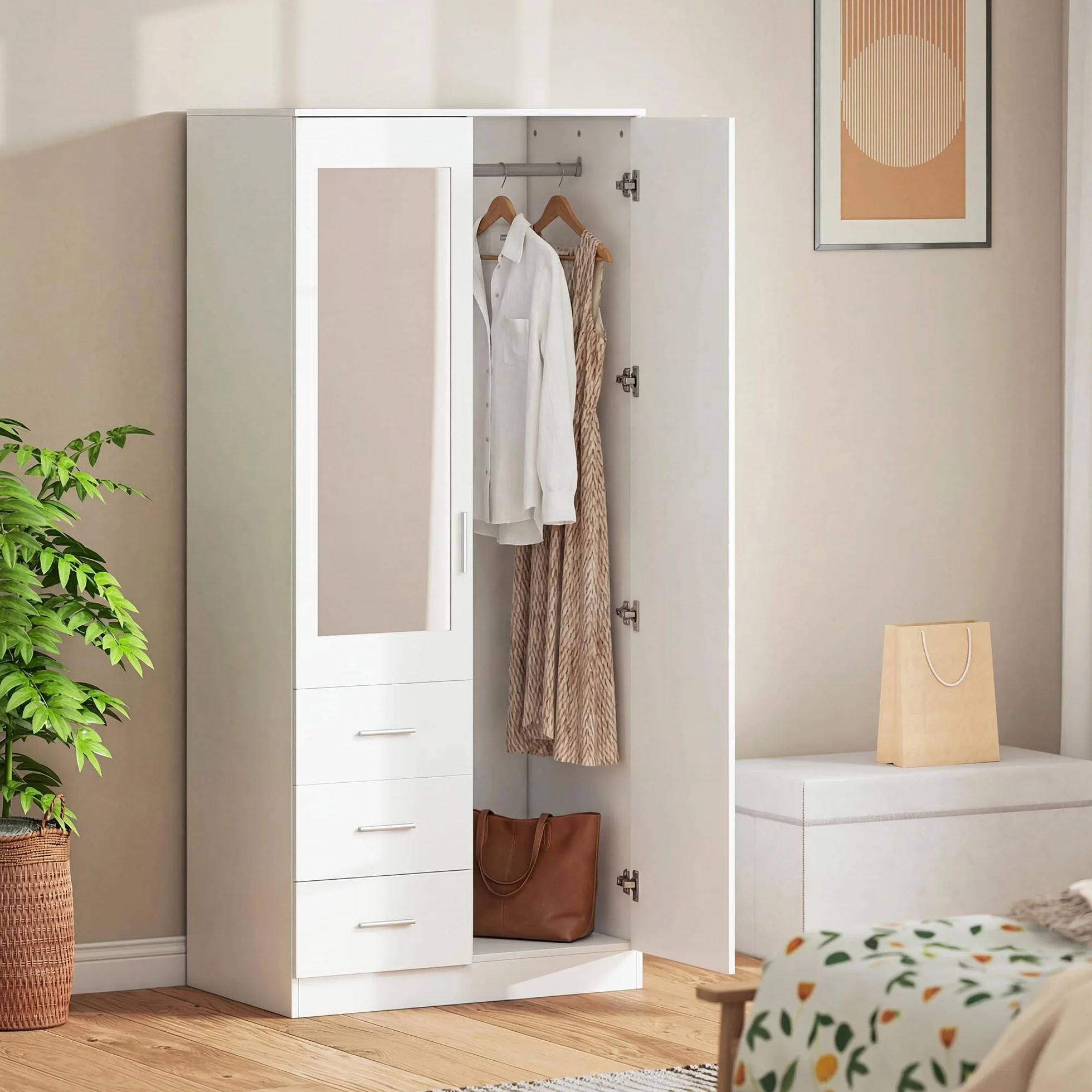 HOMCOM Armario Ropero de 2 Puertas con Espejo 3 Cajones Estantes Ajustables y Barra para Colgar Incluida Mueble Auxiliar para Dormitorio Habitación 80x50x180 cm Blanco