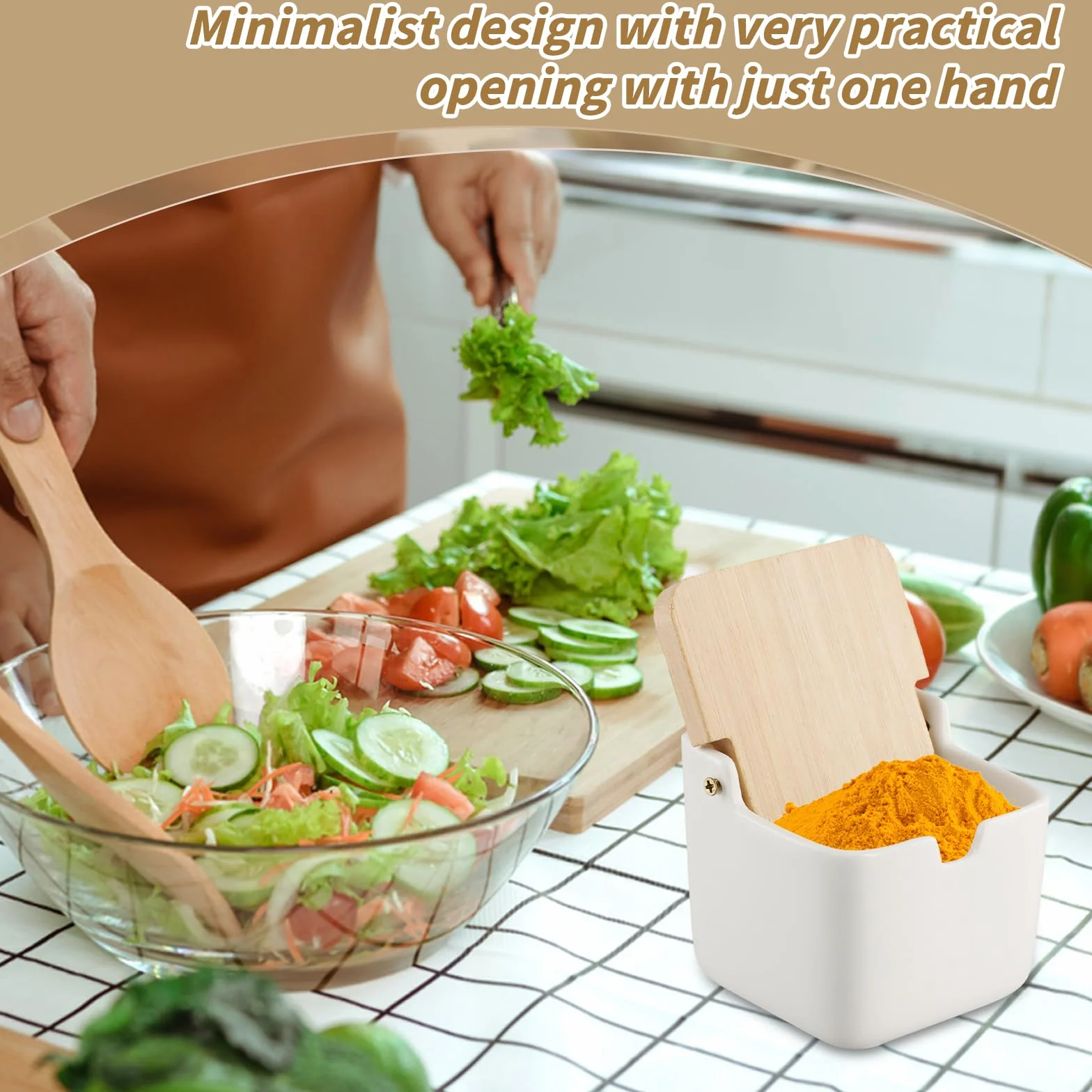 Azucarero, contenedor de sal de cerámica, para condimentos, tarros de especias con tapa de bambú y cuchara de cerámica para el hogar y la cocina (A)