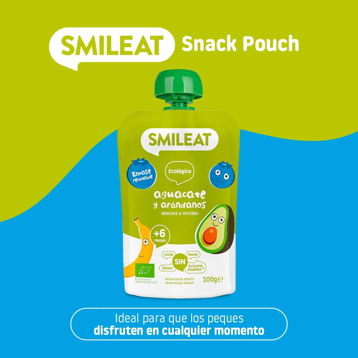 Smileat Pouch de Frutas Ecológicas Sin Sal ni Azúcar Añadido Sin Gluten Sabor Aguacate y Arándanos