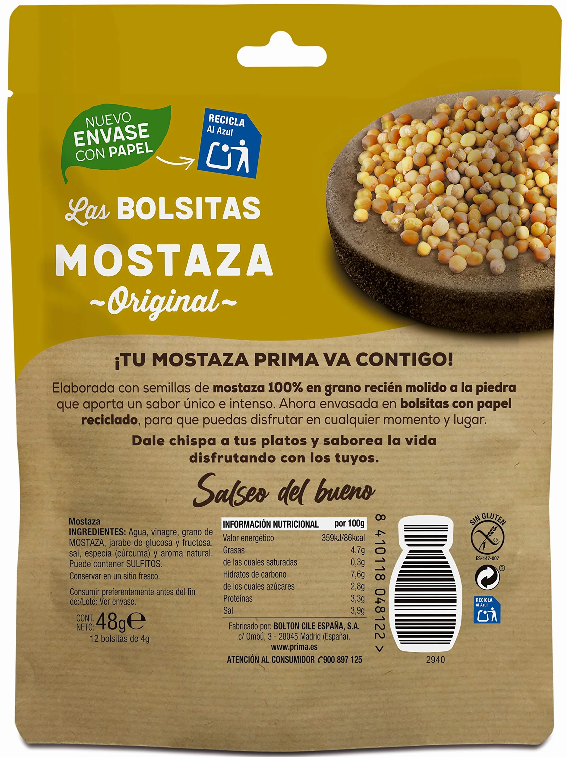 Prima mostaza sabor intenso y único 12 bolsitas