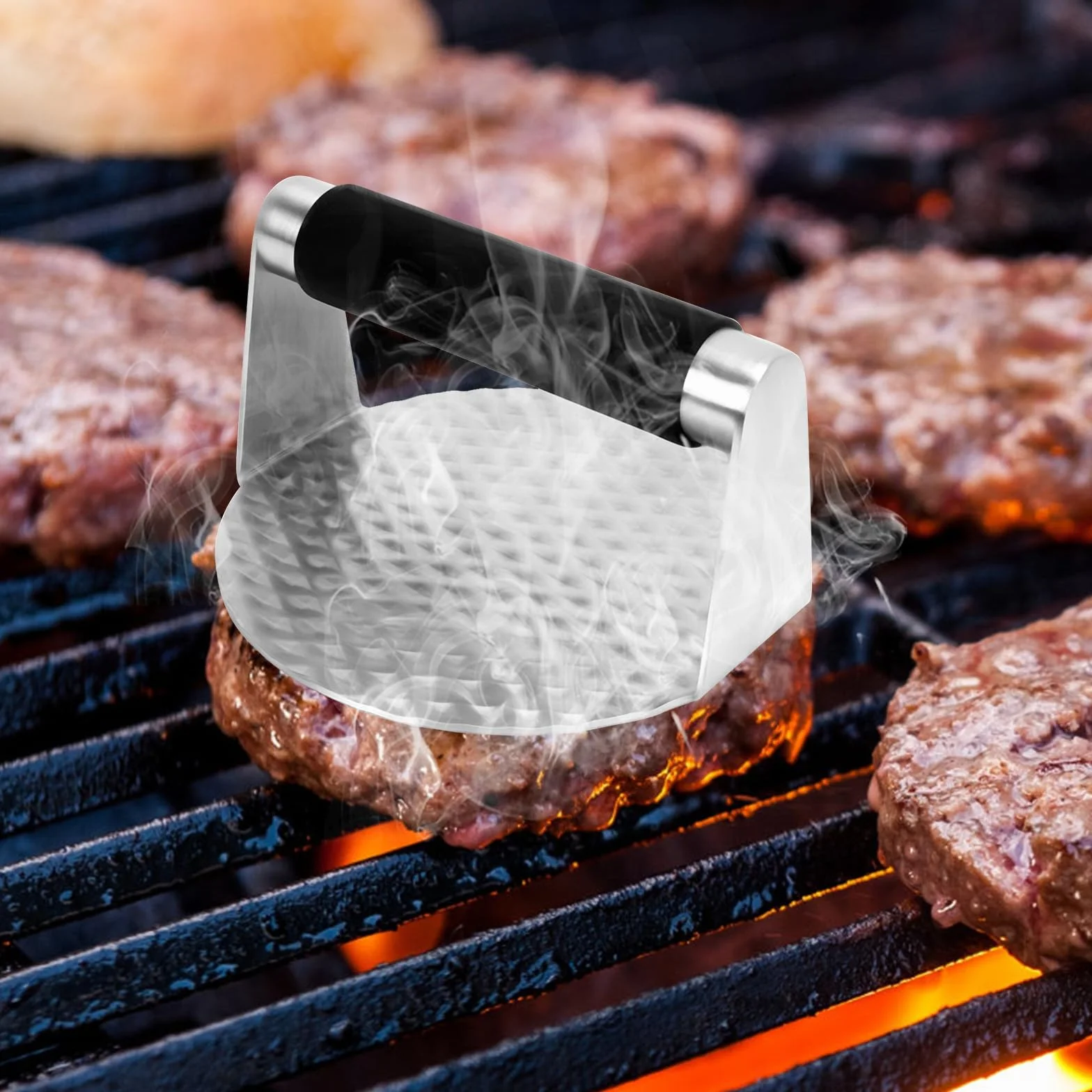 Campana para Hamburguesas Smash Burger de Acero Inoxidable 304 con Espátula y 100 Piezas Papel Antiadherente