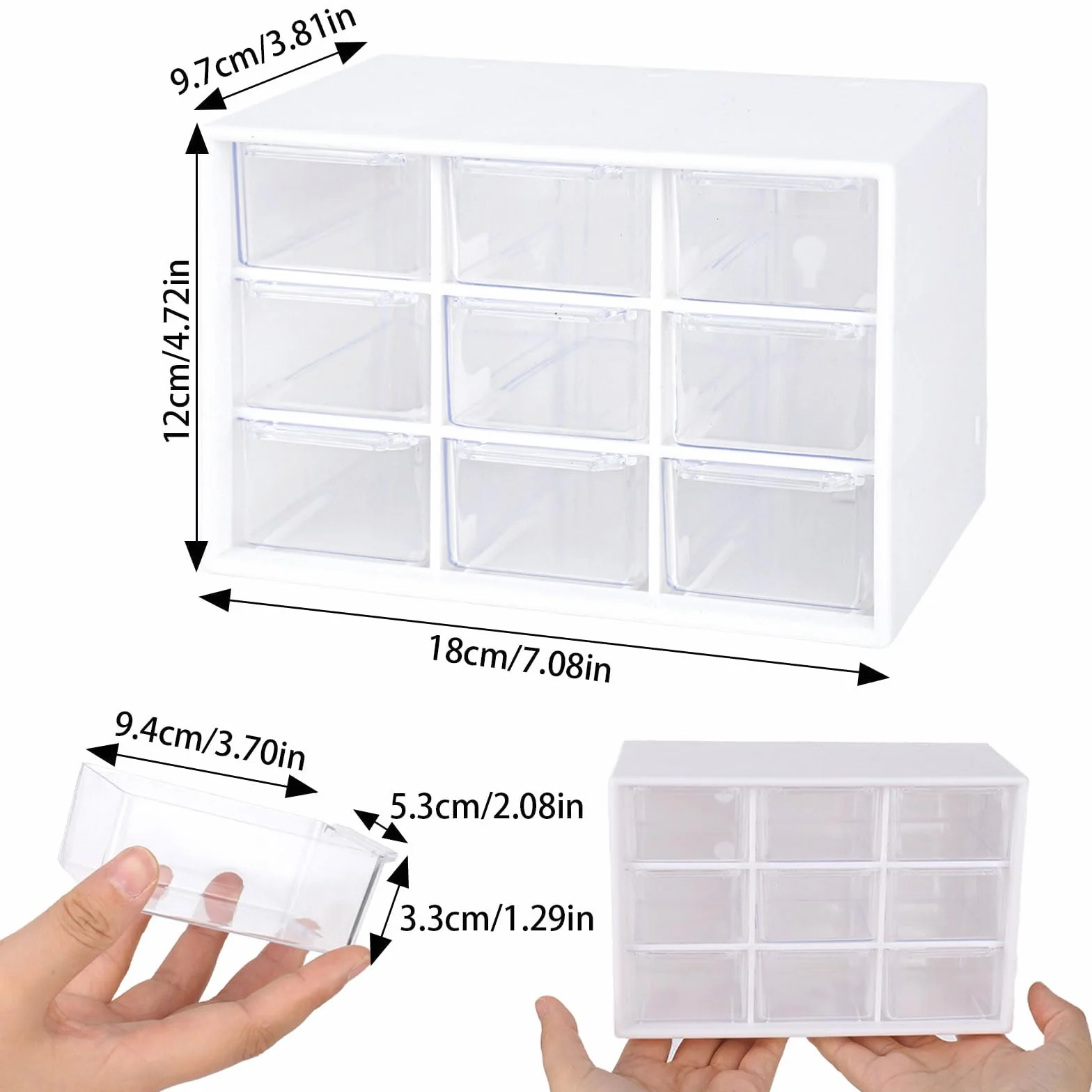 Juego de 2 cajas de almacenamiento para manualidades, cajón y organizador de escritorio con 9 cajones y mini caja extraíble transparente y blanca