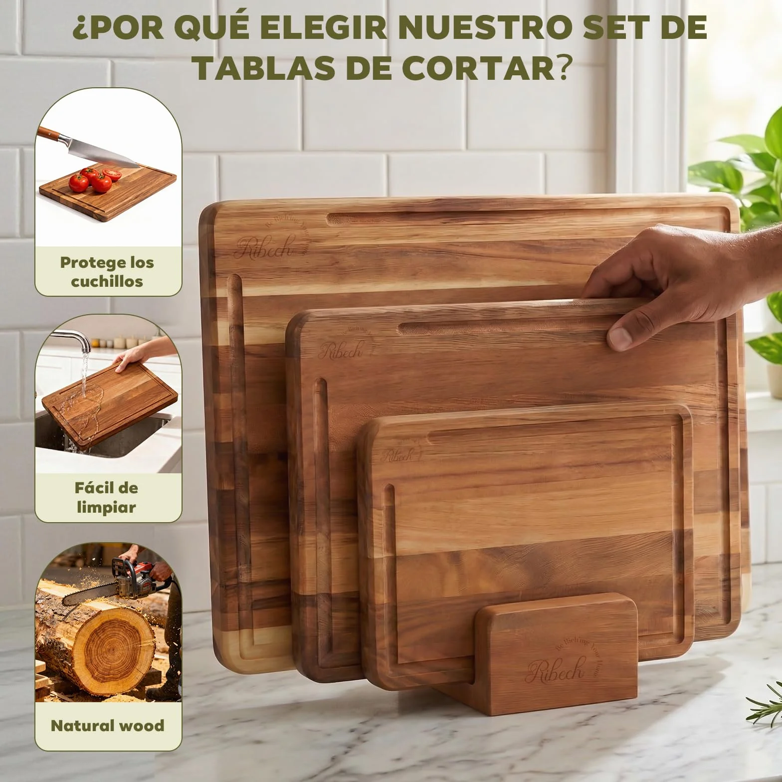 Set de Tablas de Cortar de Madera de Acacia Sólida 3 Piezas con Soporte 40x30cm 33x24cm 26x18cm