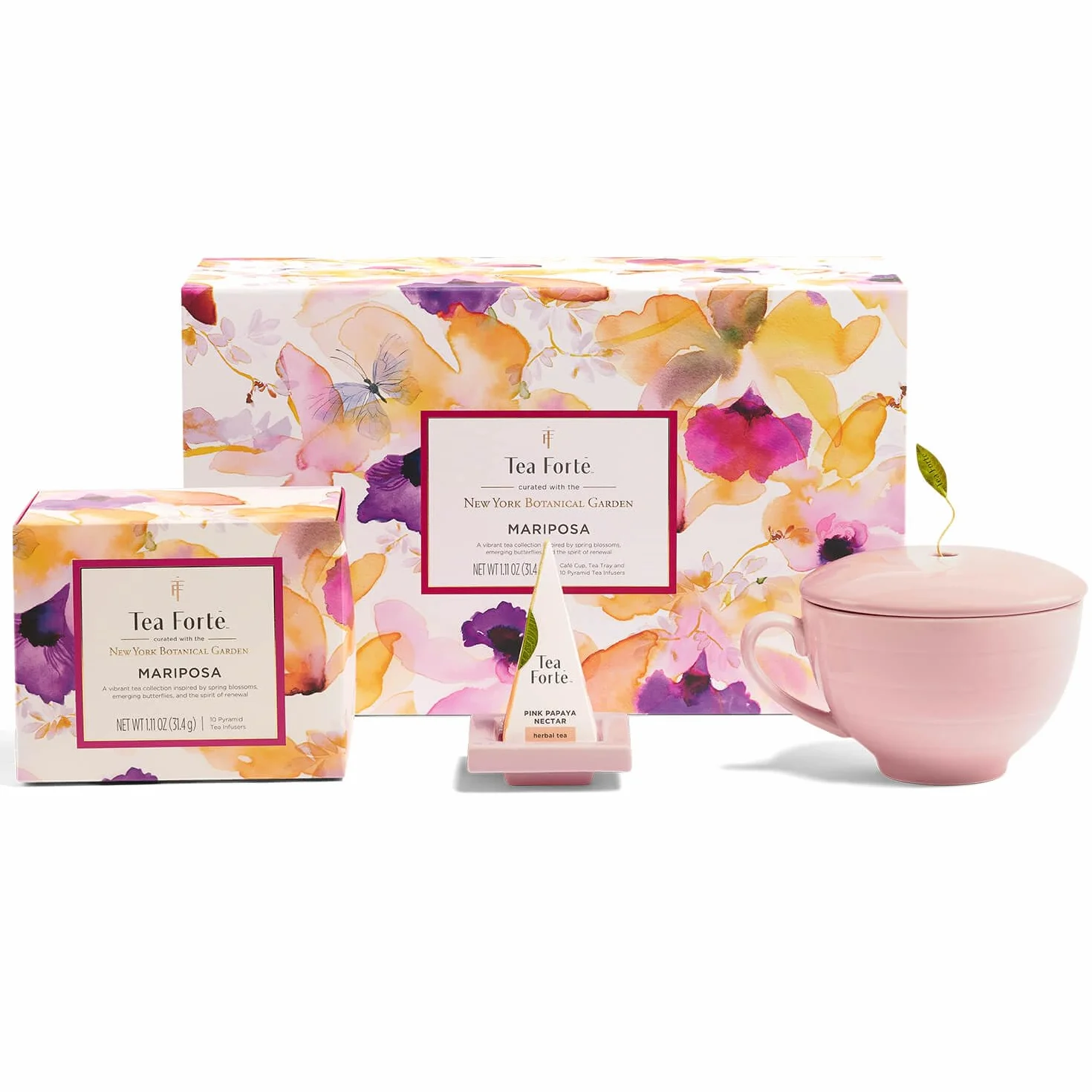 Tea Forte Juego de Té Regalo con Taza, Bandeja y 10 Bolsitas Piramidales Mariposa