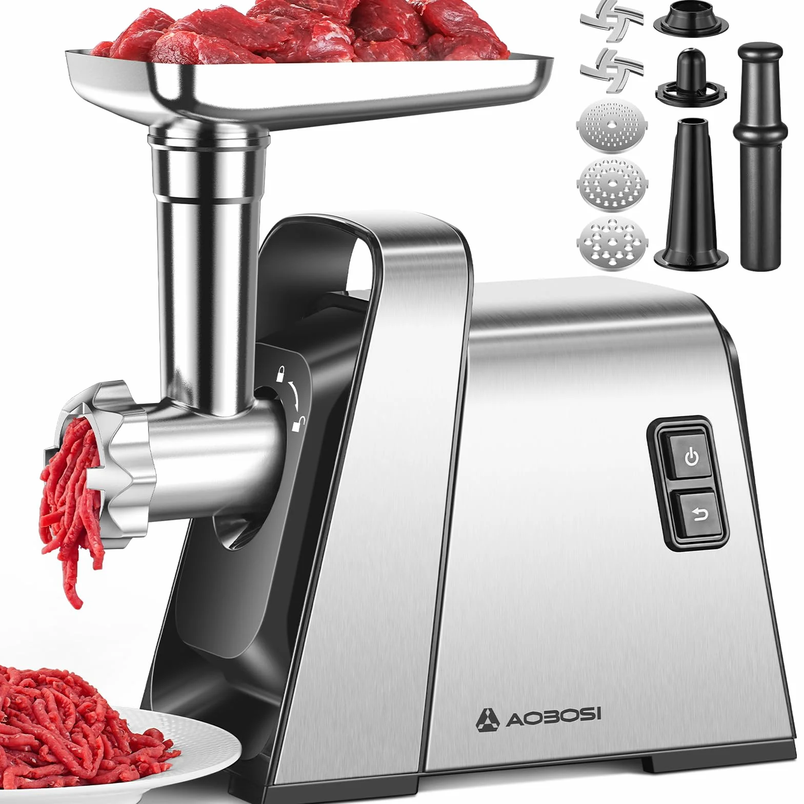 AAOBOSI Picadora De Carne, 3-EN-1 Picadora De Carne Eléctrica [3000w Max] Con 2 Cuchillas, 3 Placas De Corte De Acero Inoxidable, 1 Tubo Para Rellenar Salchichas, 1 Kit Kubbe
