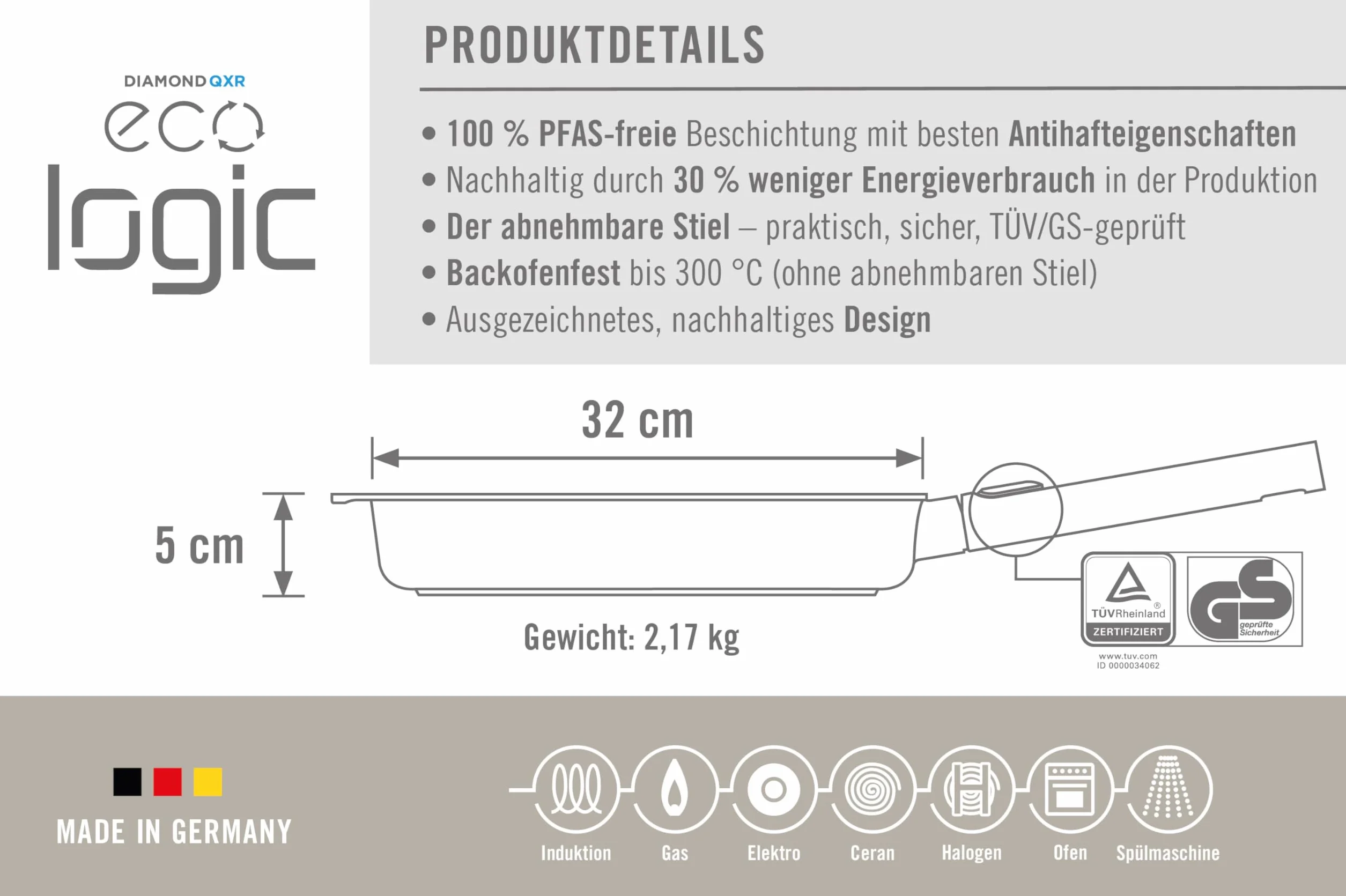 Woll Eco Logic QXR - Sartén plana de hierro fundido (inductiva, diámetro de 32 cm, 5 cm de alto, con mango extraíble, apta para todo tipo de cocinas, sin PFAS, revestimiento antiadherente, aluminio