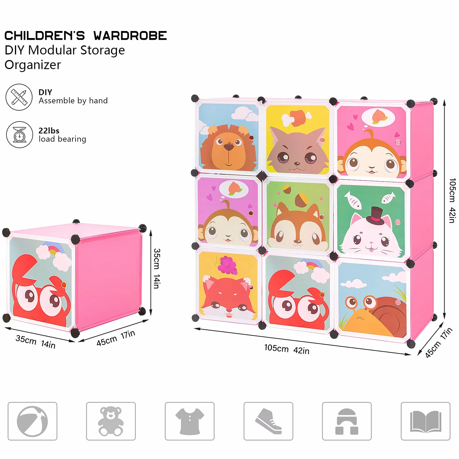 Armario Modular Infantil BRIAN & DANY con Dibujos Animados, Estantería Portátil, Rosada, 110x47x110 cm