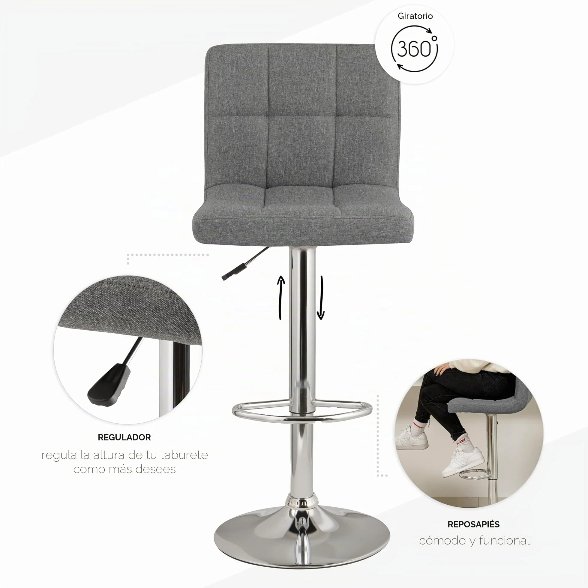 Baroni Home Taburetes de Bar Ajustables Giratorios 360° con Respaldo, Acero Cromado Gris