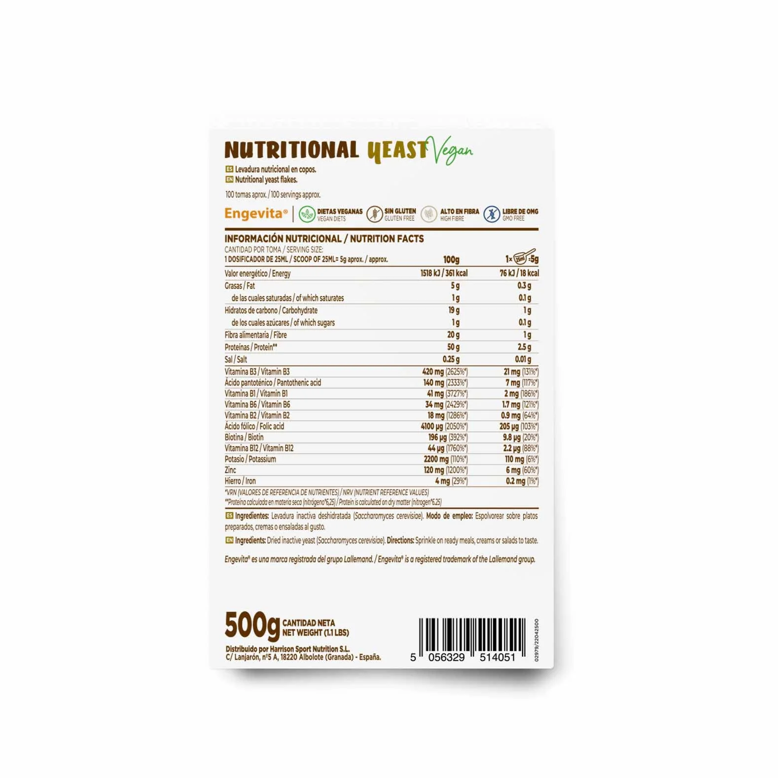 Levadura Nutricional Engevita en Copos HSN 500 g Sabor Umami No-GMO Vegano Sin Gluten
