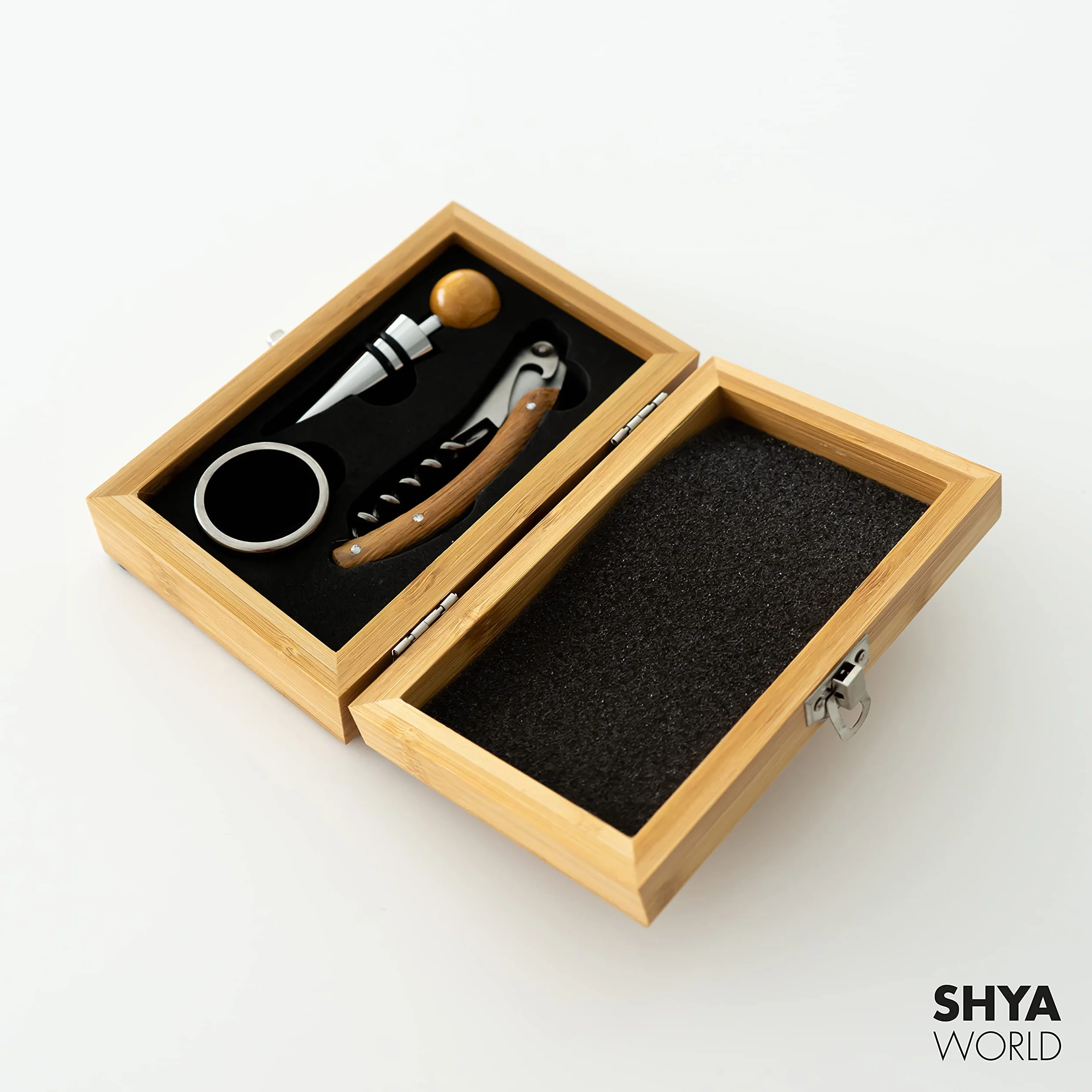 Set de Vinos Accesorios para regalar. Estuche de Regalo elegante con acabado de Material Natural Eco. (Set Madera Bambú)