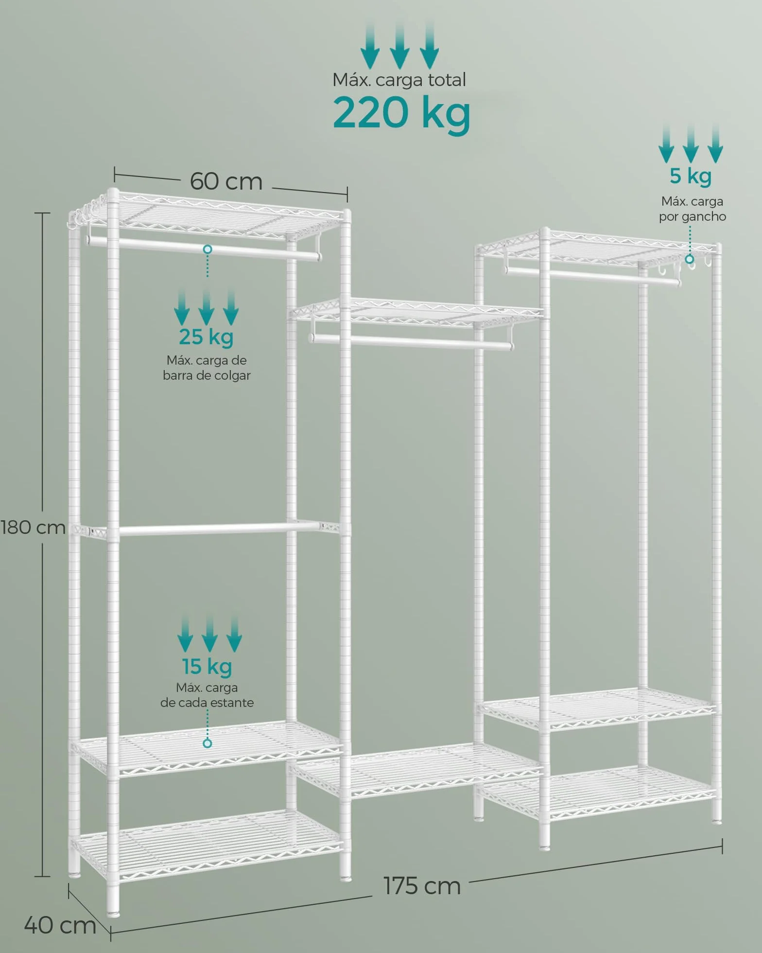 SONGMICS Armario de Ropa, Armario de Metal con Estantes Ajustables, Barras para Colgar y Ganchos, Duradero, Perchero Separable, Blanco Nube LGR431W01