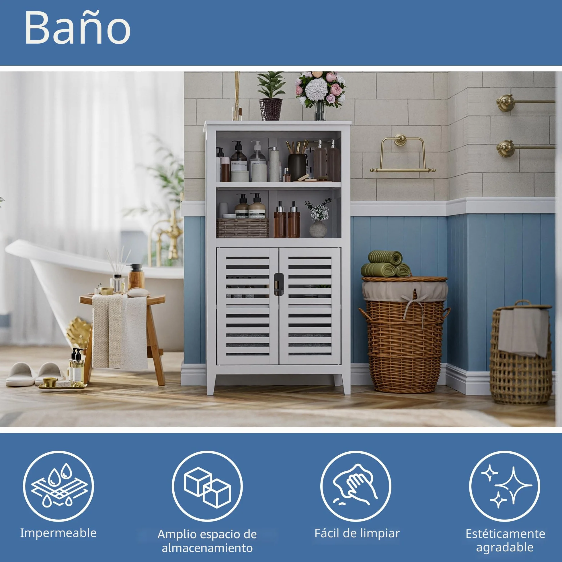 HITNET Mueble Baño Bambu, Armario Bajo Baño Auxiliar, Gabinete de Almacenamiento con Doble Puerta, Estante Ajustable, para Sala de Estar, Cocina, Entrada, Blanco