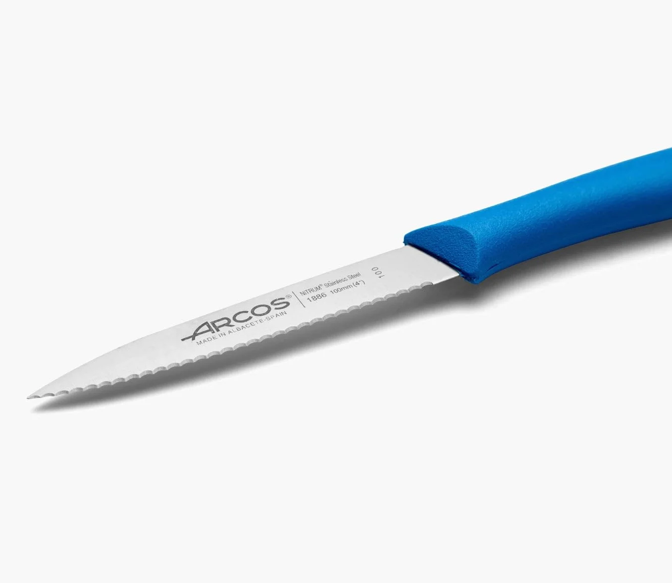 Arcos Cuchillo Mondador Serrado 100 mm Acero Inoxidable NITRUM Mango Antideslizante Azul Serie Nova