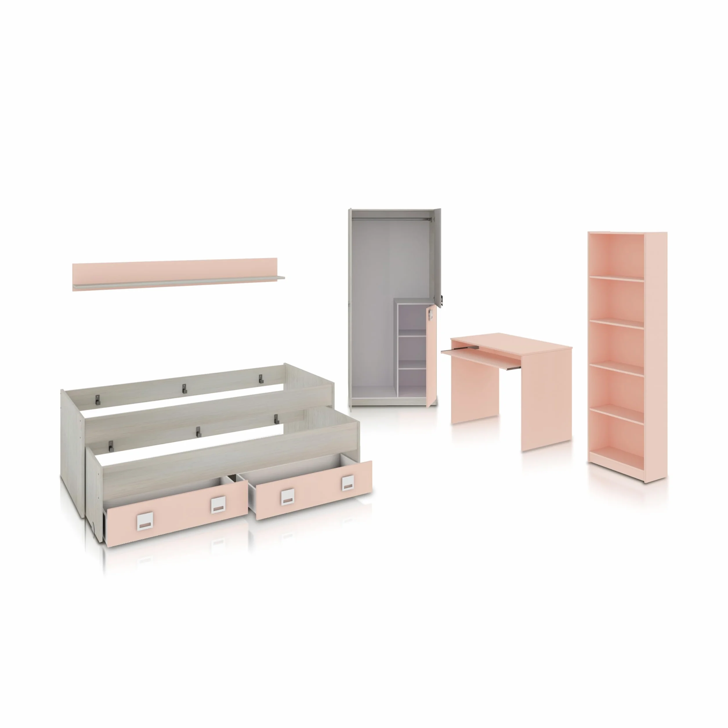 duehome | Pack de Dormitorio Juvenial con Cama Nido Juvenil, Armario, Escritorio y Estantería, Conjunto de Dormitorio Infantil, Modelo Kenia MAX, Acabado en Blanco Alpes, Rosa Pastel y Gris