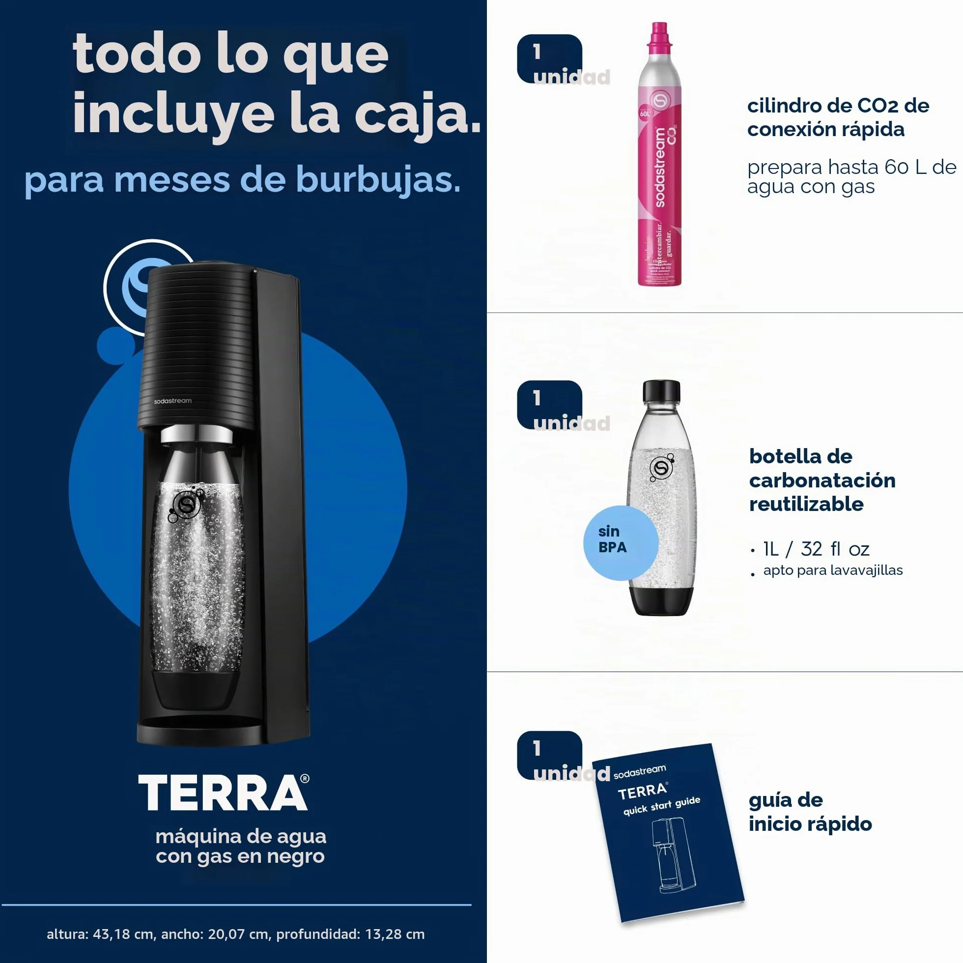 SodaStream Terra Negro Gasificador de Agua con Cilindro CO₂ 60L y Botella 1L