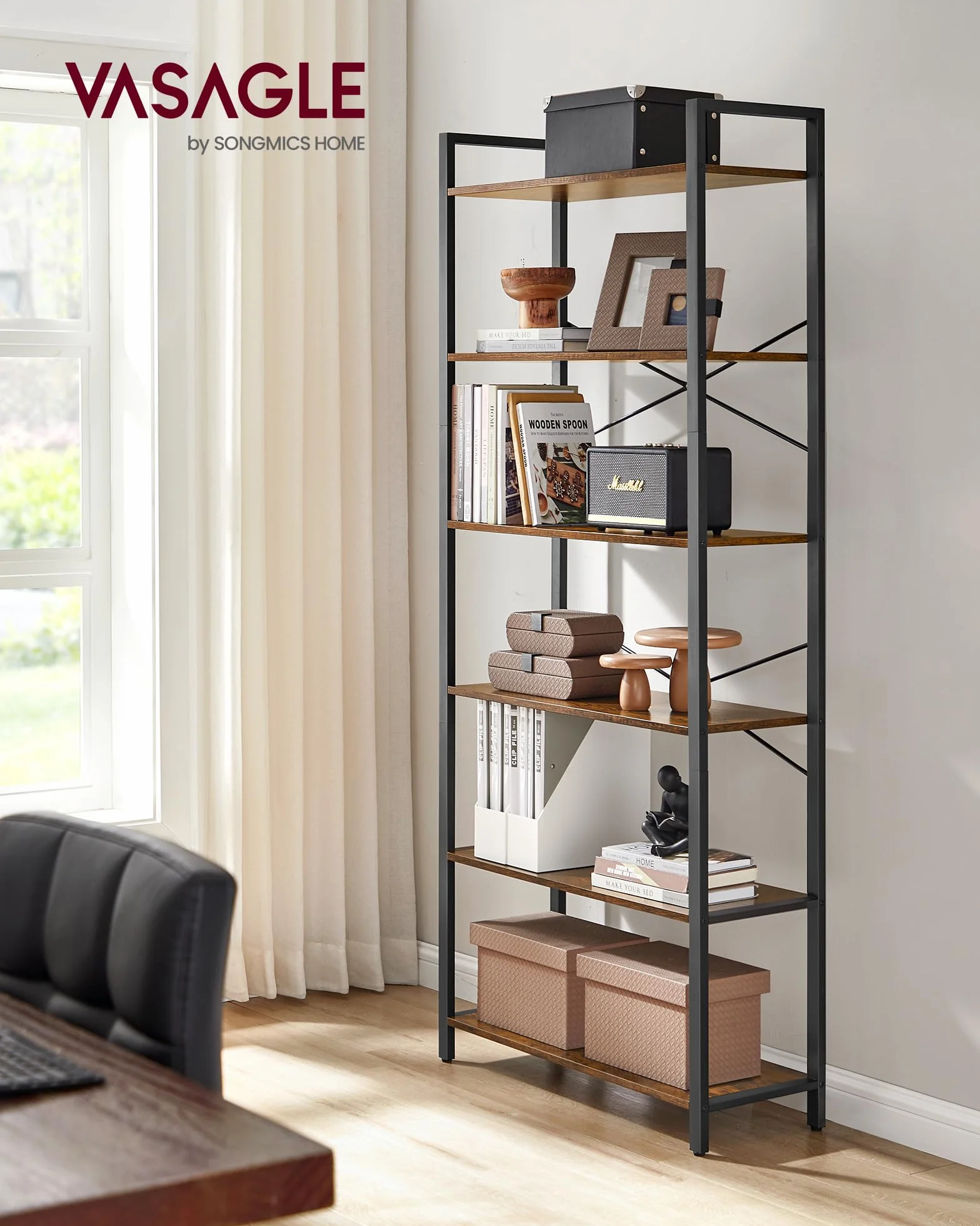 VASAGLE Estantería 6 Niveles Librería Marco Acero 30x80x186 cm Marrón Rústico Negro