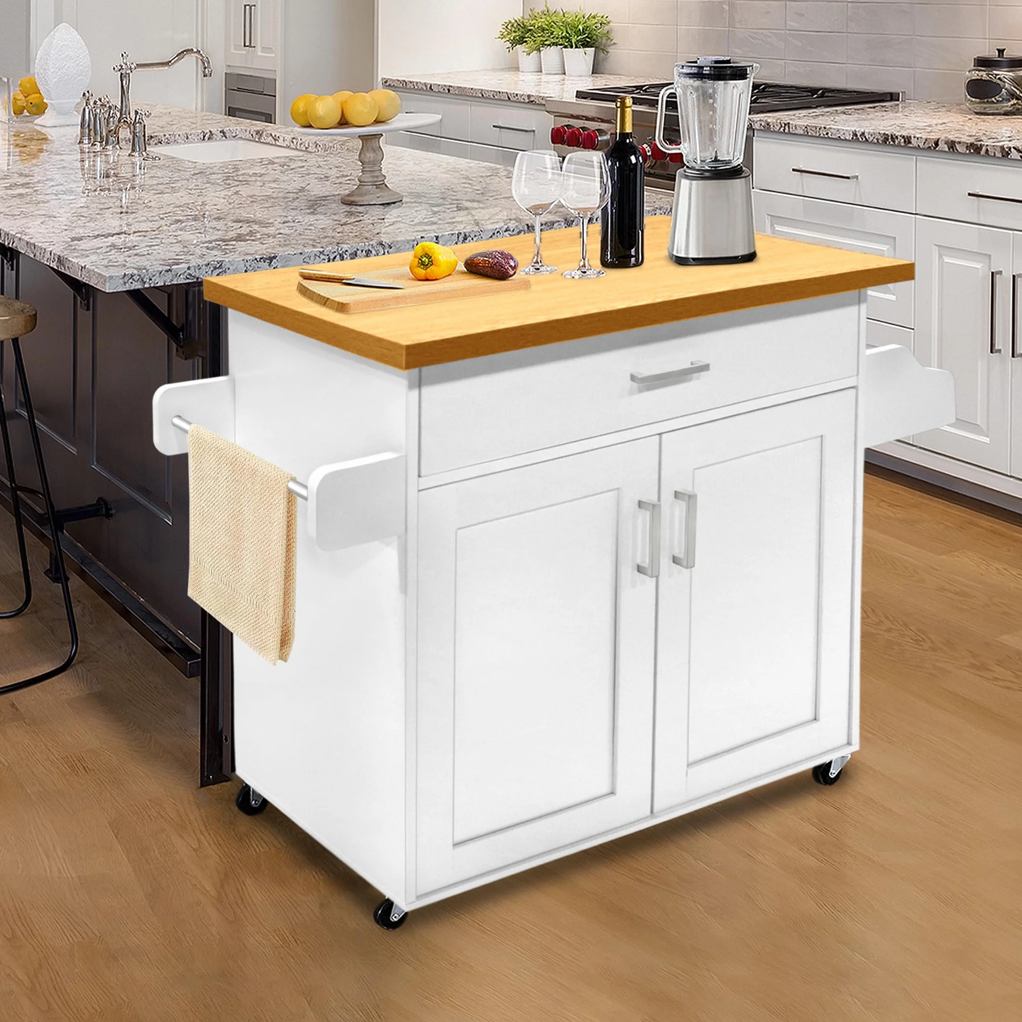 FIVMEN Carrito de cocina blanco con ruedas y encimera, carrito de cocina, isla de cocina de madera, con toallero y tabla de especias, mueble de cocina, 115 x 90 x 36 cm