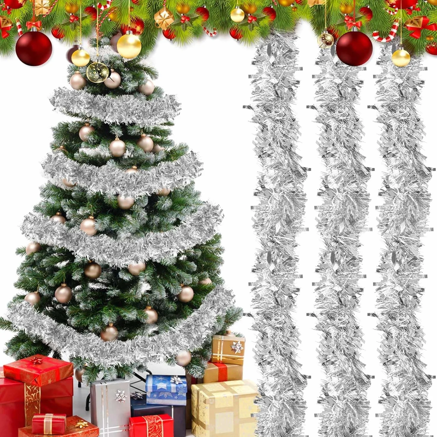 SULOLI Guirnalda de Oropel Navidad de 10 m，Guirnaldas de Tinsel，Espumillón de Cumpleaños，Fiesta，Escalera，Chimenea，Paredes，Árbol de Navidad（Plata）