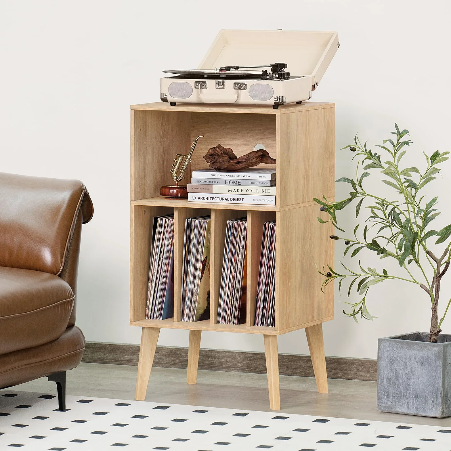 Soporte para tocadiscos Mid-Century con patas de madera, almacenamiento para 160 álbumes, mesa auxiliar natural