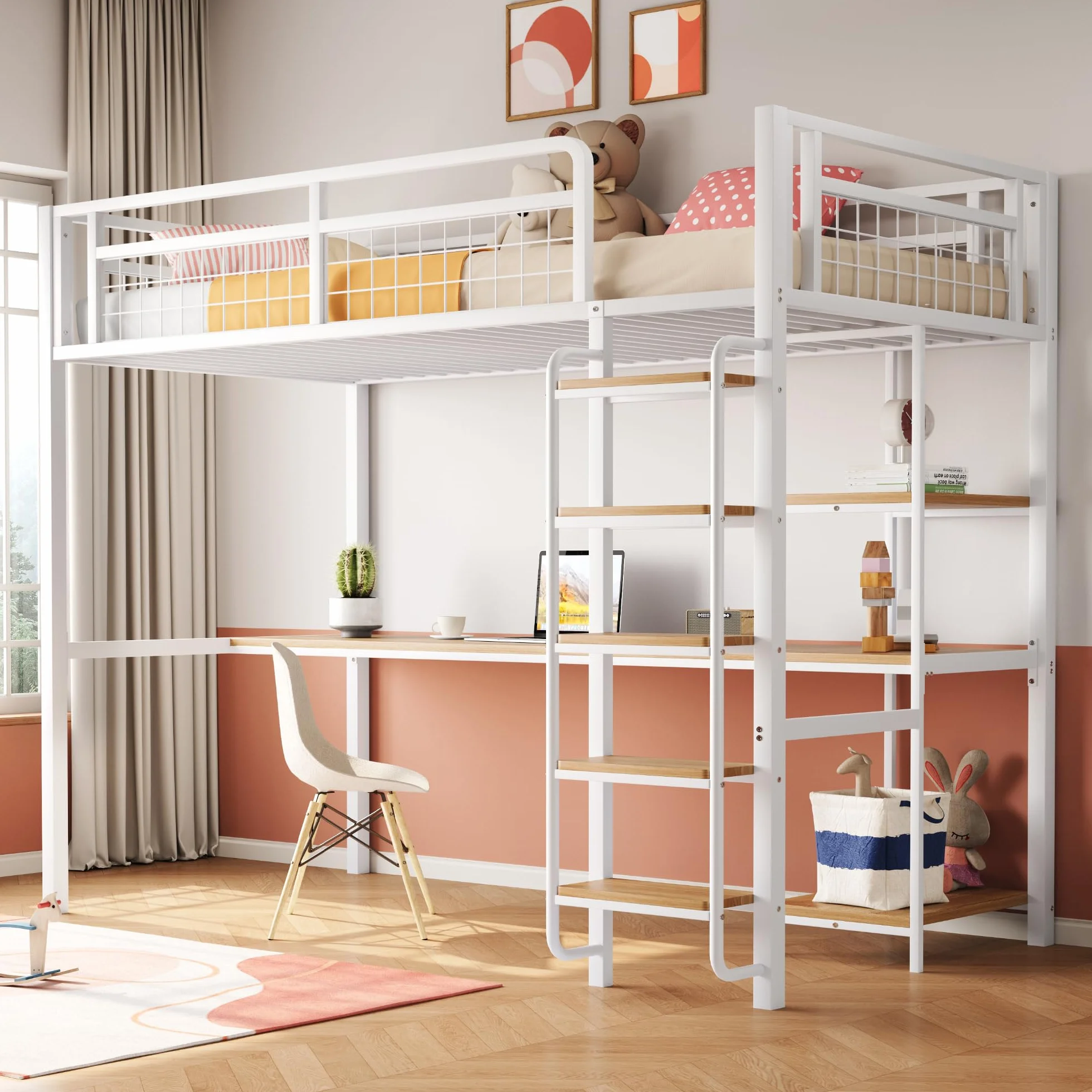 Cama alta de metal 90x200 cm con escalera y valla de seguridad blanca