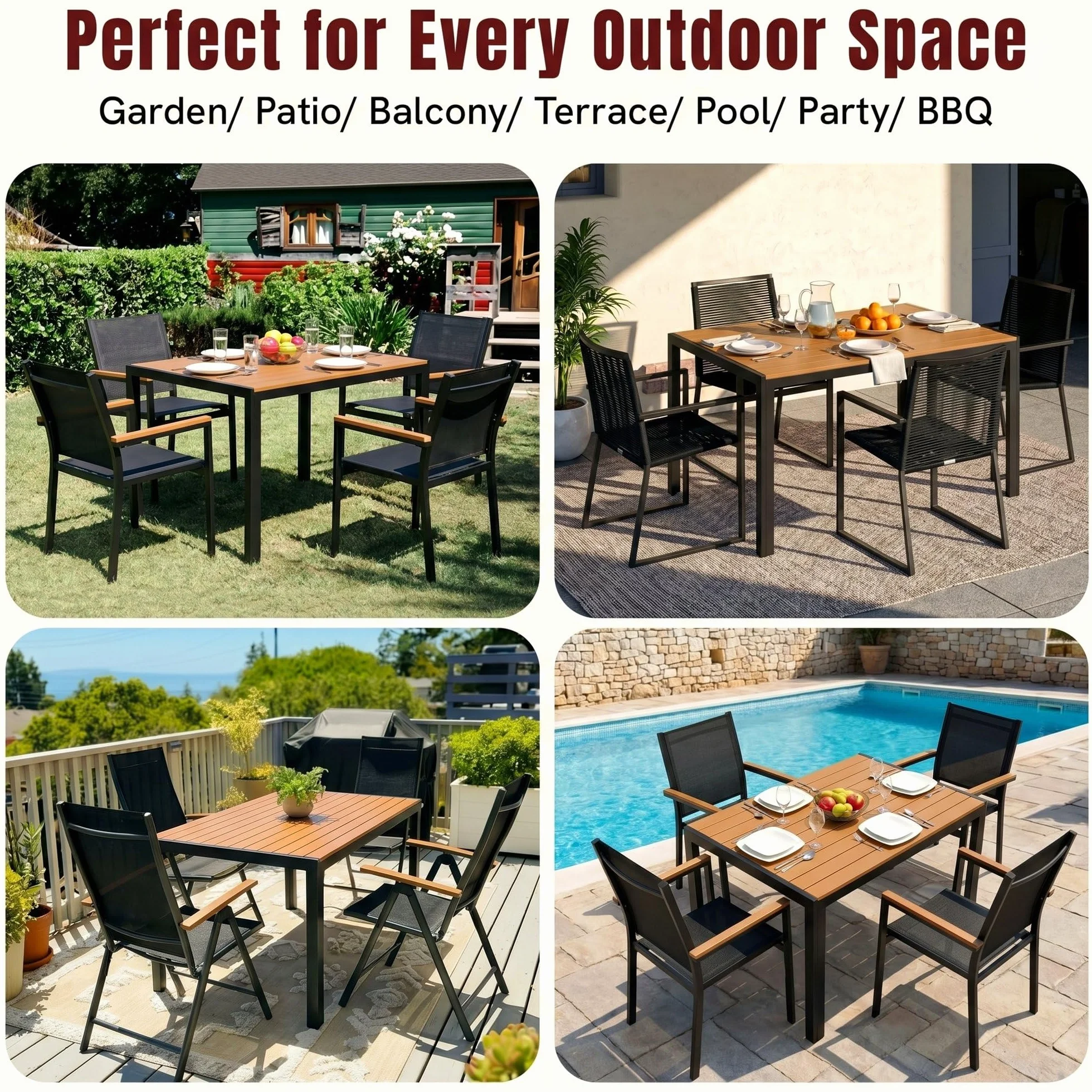 LIFERUN Mesa de Jardín Moderna de WPC 110 x 70 cm, Mesa de Comedor Exterior para 4-6 Personas, Mesa de Balcón de Aluminio, Diseño de Rayas Efecto Madera,Marrón Teca